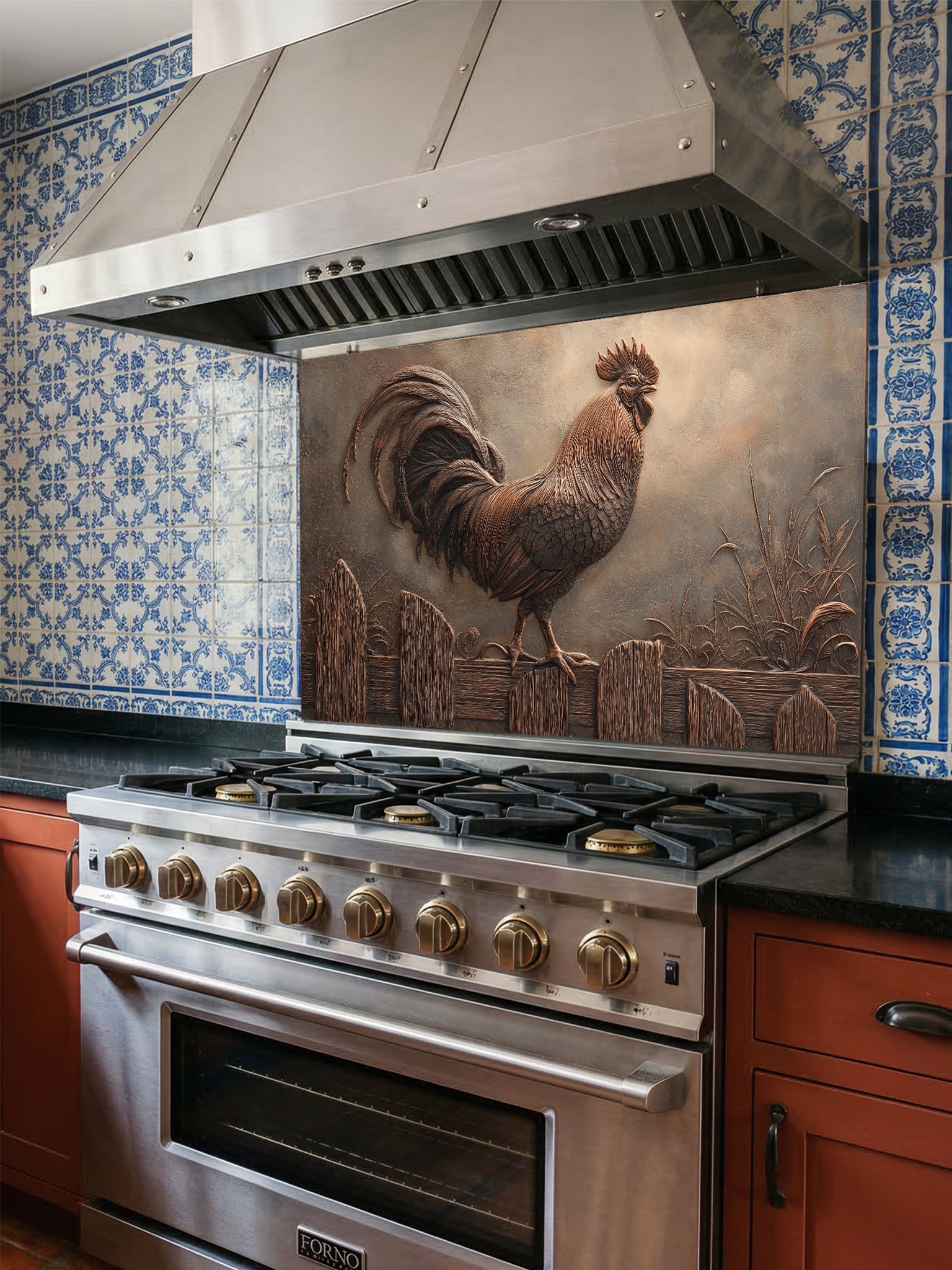 Tempered glass kitchen backsplash featuring a highly realistic 3D faux copper metal relief design of a rustic rooster standing on a fence, installed behind a modern stainless steel stove.