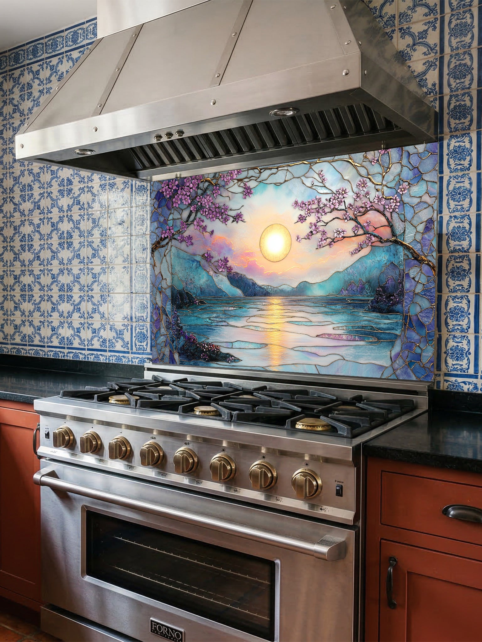 Stained glass style serene sunset over a lake with pink cherry blossoms and mountains, UV printed on a smooth tempered glass kitchen backsplash, installed behind a modern stove.