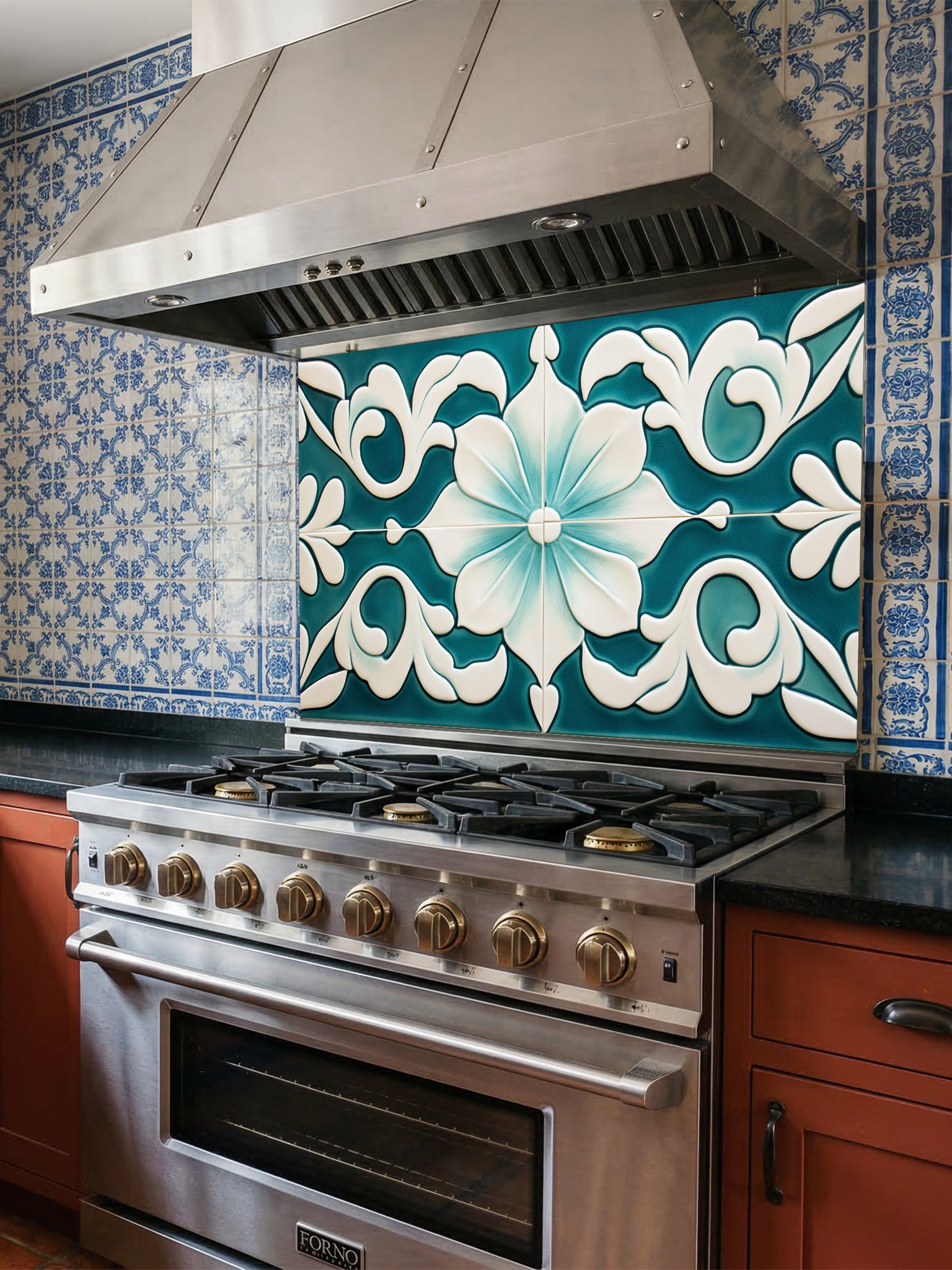 Tempered glass kitchen backsplash featuring a highly realistic illusion of traditional Mediterranean or Talavera tiles, showcasing a large, elegant floral or lotus pattern in deep teal and creamy ivory, installed behind a modern black stove.