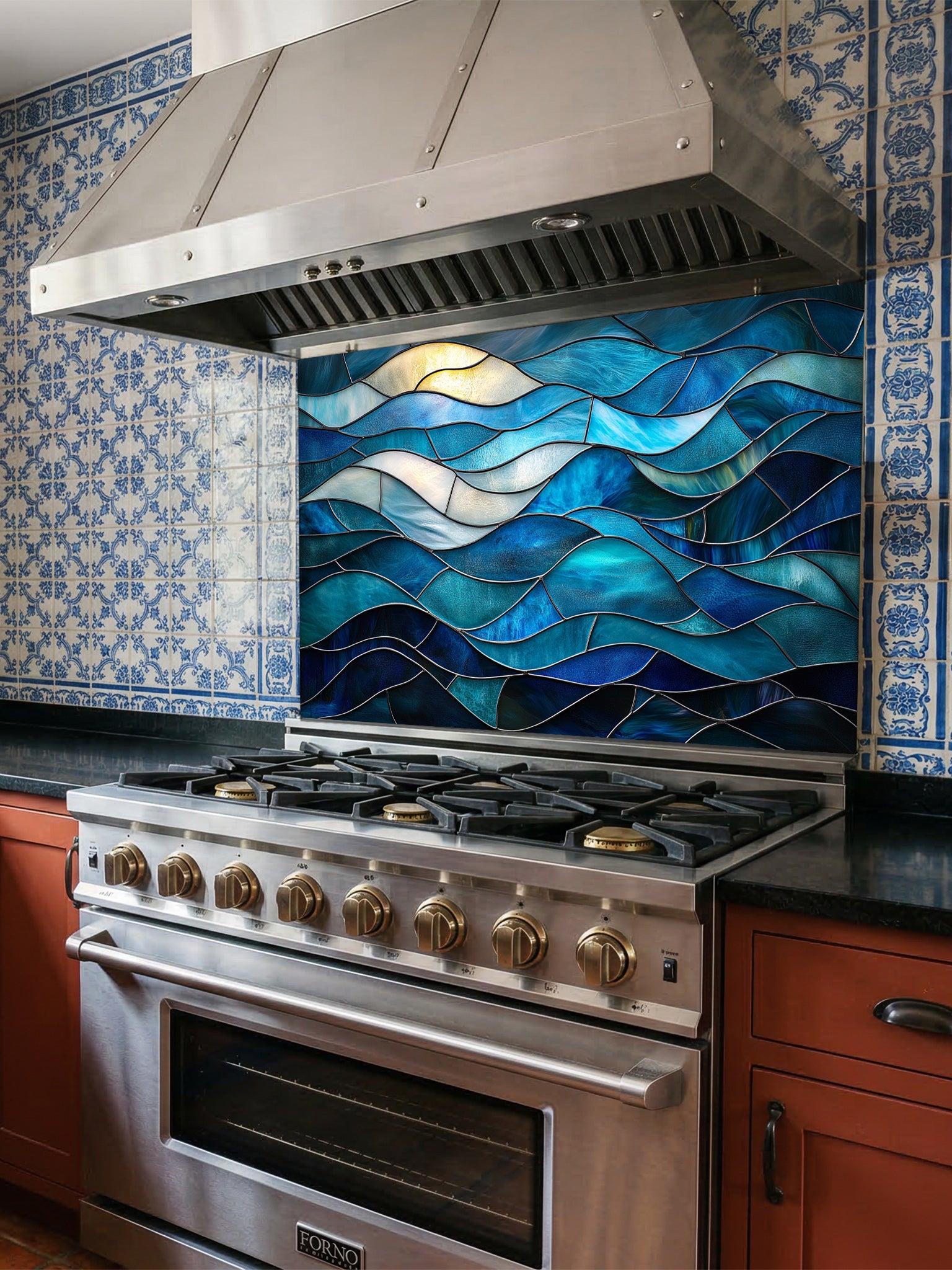 Stained glass style abstract ocean waves in rich blue and turquoise hues, UV printed on a smooth tempered glass kitchen backsplash, installed behind a modern stove.