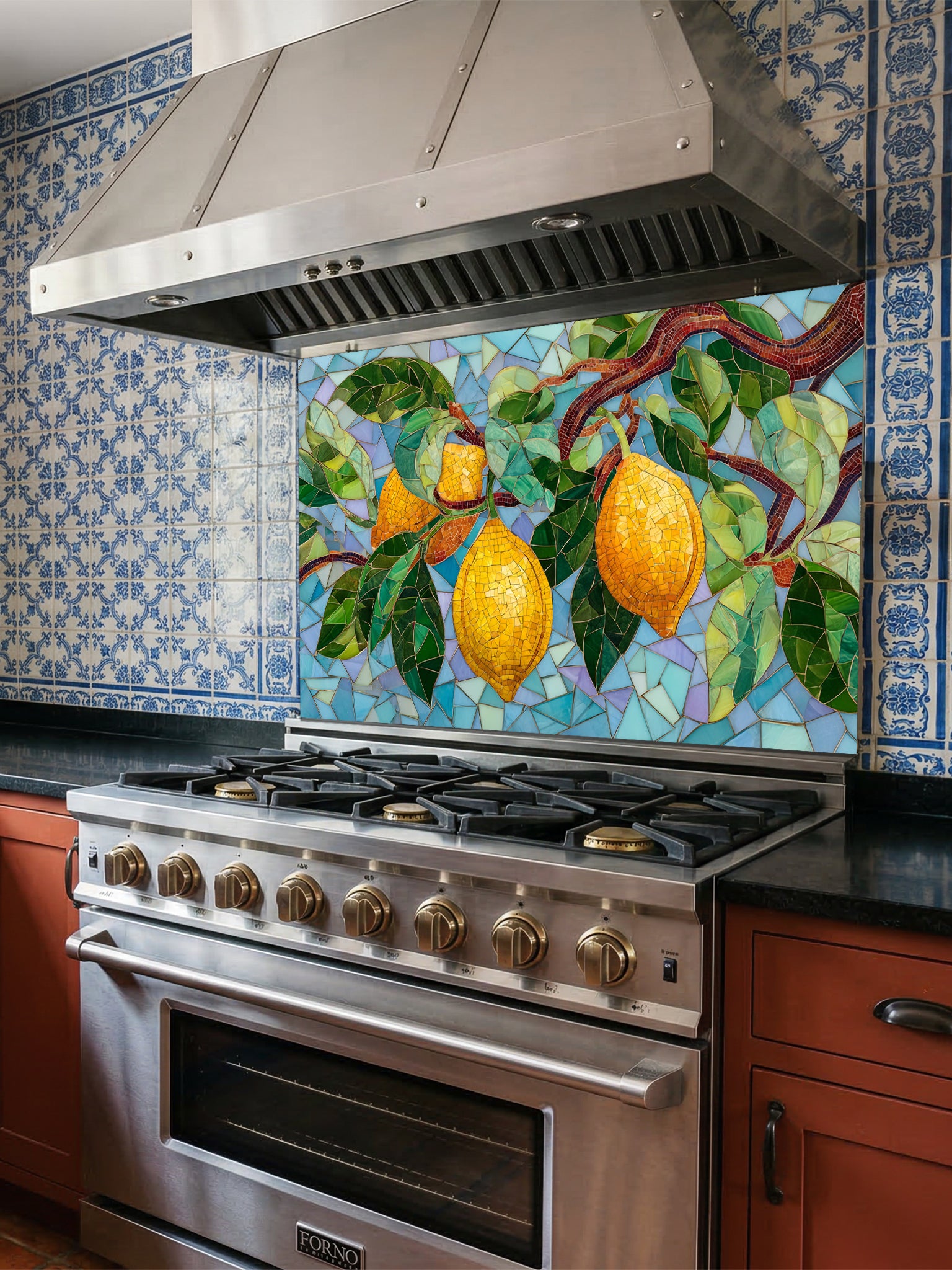 Tempered glass kitchen backsplash featuring a highly realistic 3D illusion of mosaic tile art showing bright yellow lemons and lush green leaves on a branch against a multi-toned light blue and teal mosaic background, installed behind a modern black stove.