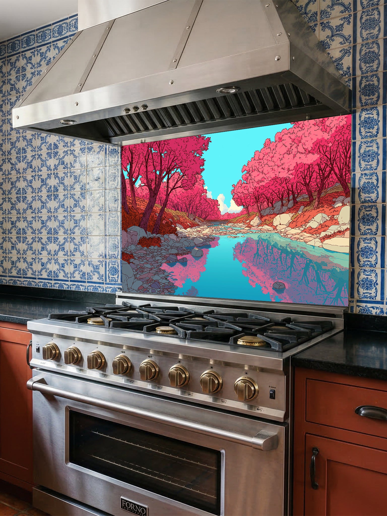 Anime style vibrant pink cherry blossom trees reflecting in a peaceful blue river, UV printed on a smooth tempered glass kitchen backsplash, installed behind a modern stove.