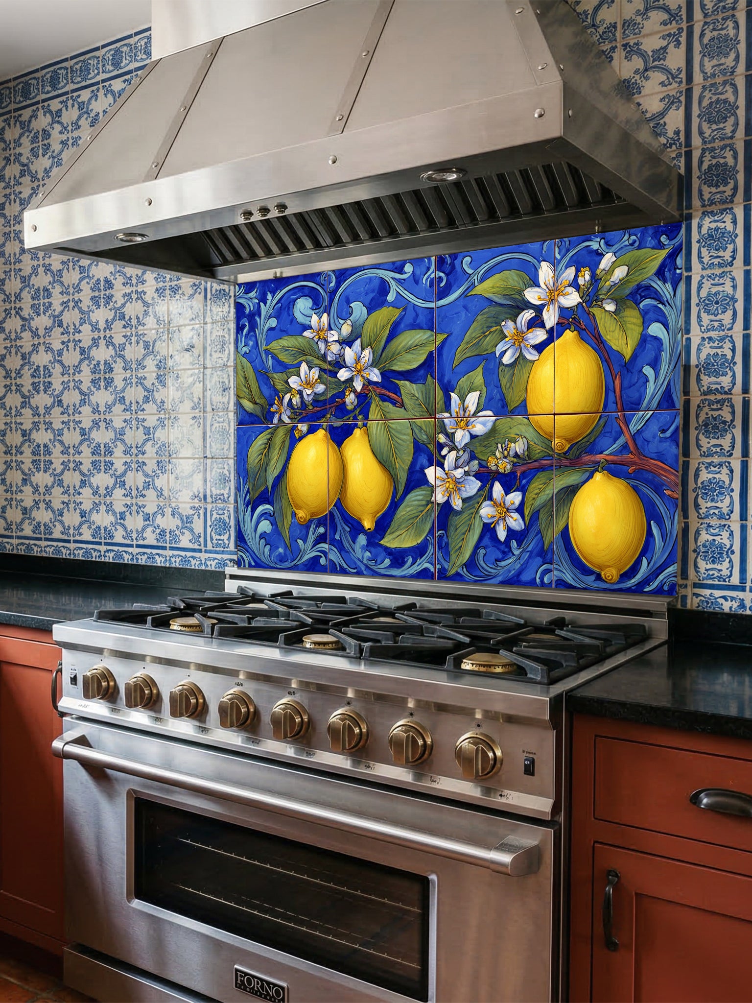 Tempered glass kitchen backsplash featuring a highly realistic illusion of traditional hand-painted Italian Majolica ceramic tiles, showcasing bright yellow lemons, white blossoms, and green leaves against a deep royal blue background with elegant scrollwork, installed behind a modern black stove.