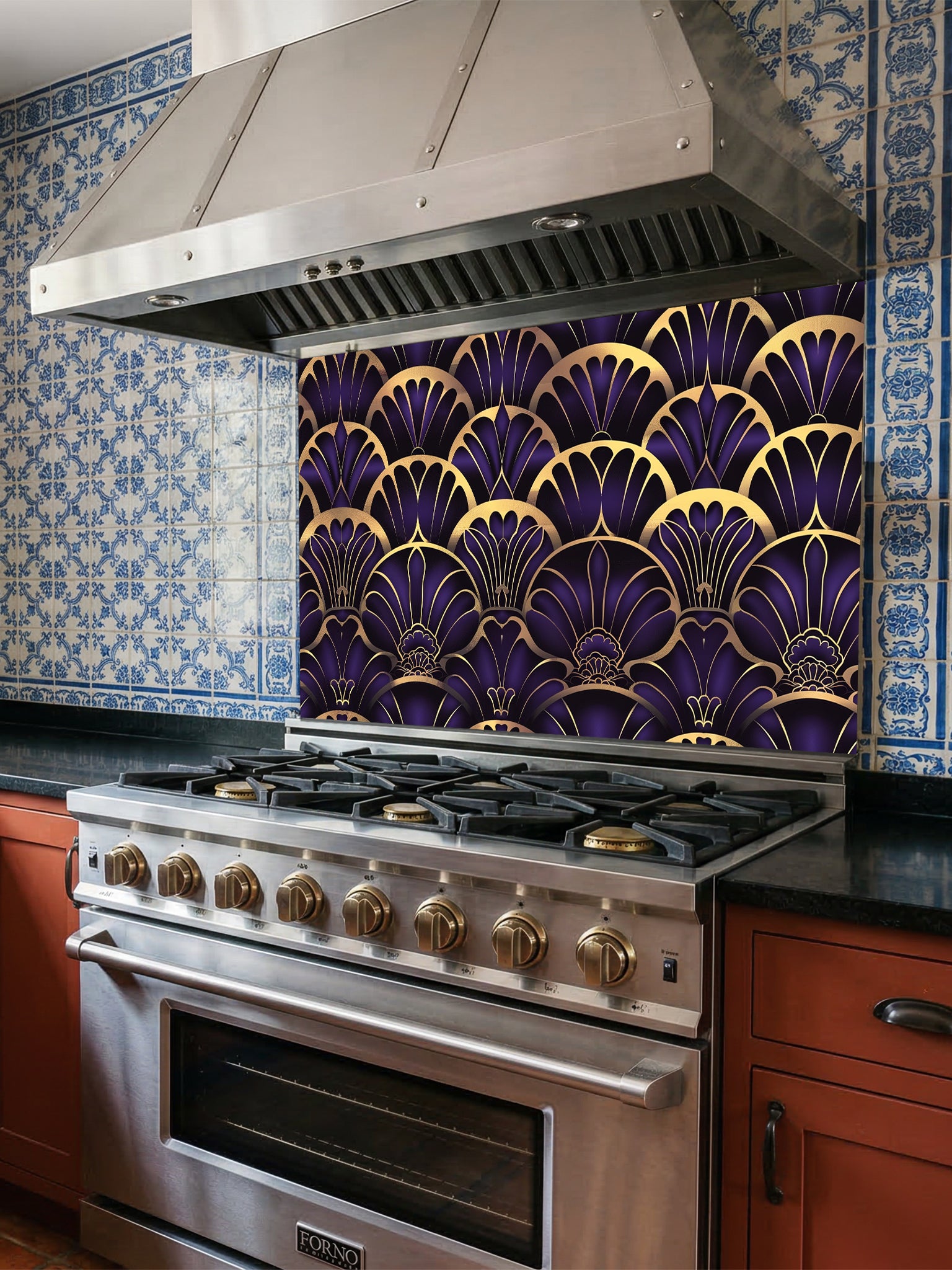Tempered glass kitchen backsplash featuring a highly realistic 3D illusion of an Art Deco geometric scalloped fan pattern in luxurious royal purple and faux gold metallic outlines, installed behind a modern black stove.