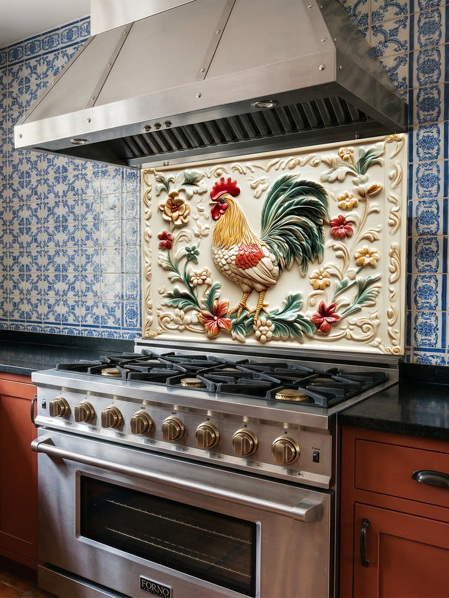 Tempered glass kitchen backsplash featuring a highly realistic 3D illusion of a vintage embossed ceramic tile showing a proud rooster and rustic floral vines in red, green, and gold against a cream background, installed behind a modern stainless steel stove.
