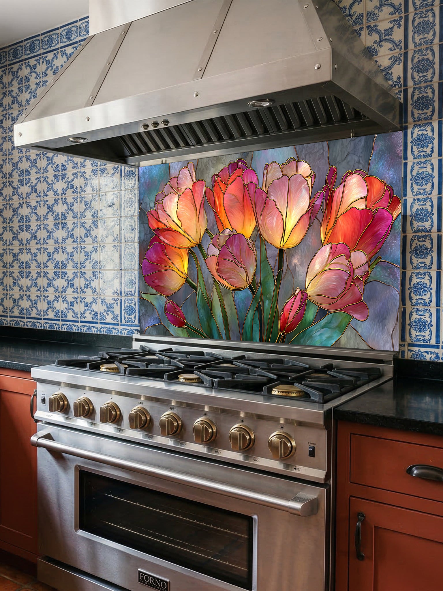 Stained glass style blooming tulips in vibrant red, orange, yellow, and pink on a textured blue background, UV printed on a smooth tempered glass kitchen backsplash, installed behind a modern stove.