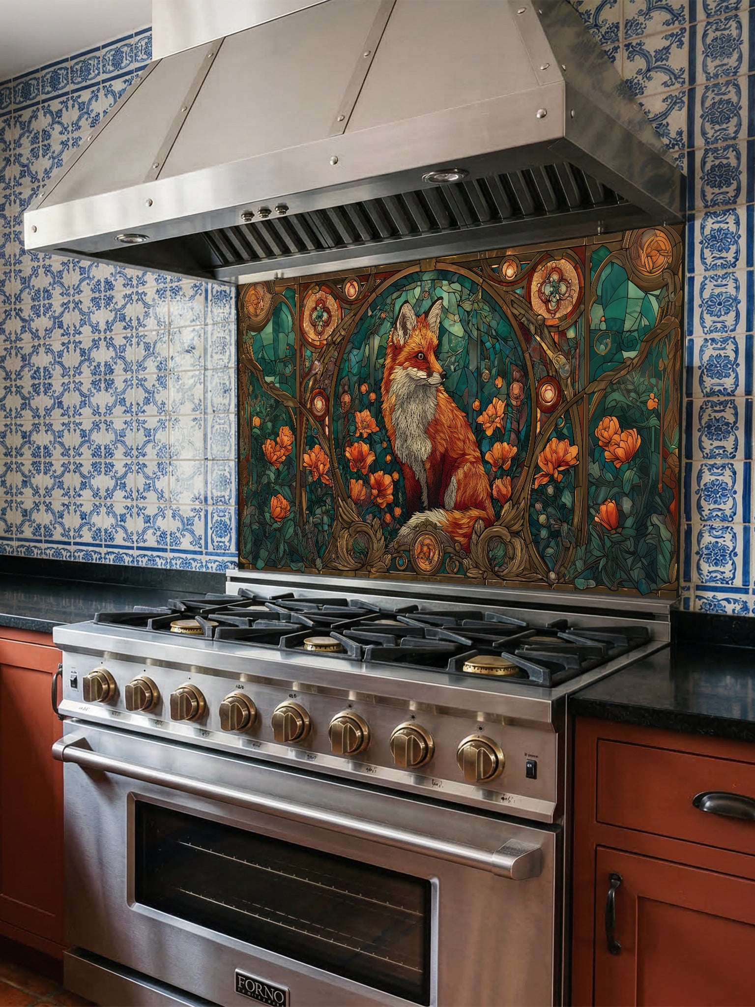 Tempered glass kitchen backsplash featuring a highly realistic 3D illusion of Art Nouveau stained glass showing a red fox surrounded by orange flowers and ornate borders against a teal background, installed behind a modern stainless steel stove.