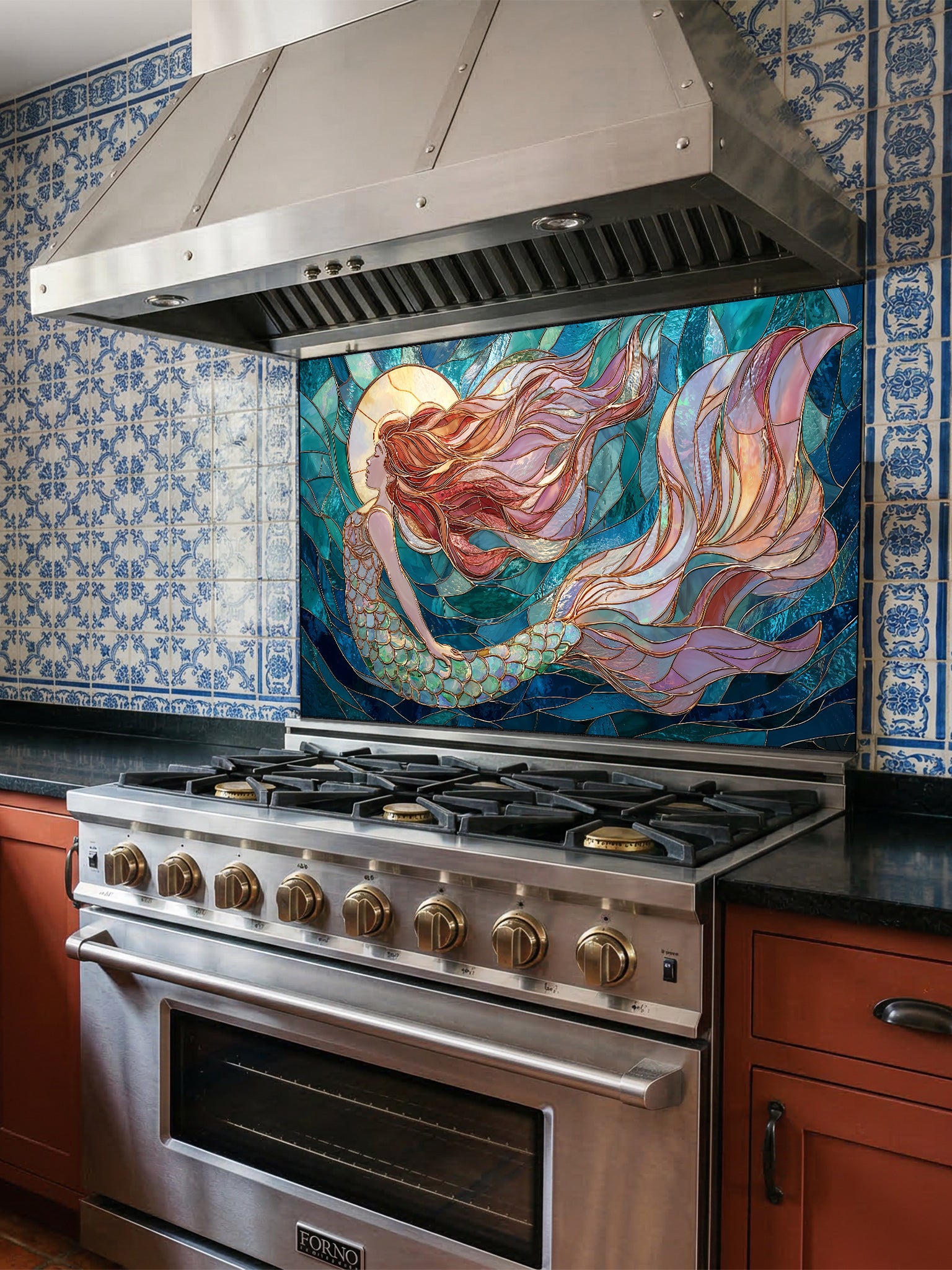 Tempered glass kitchen backsplash featuring a highly realistic 3D illusion of stained glass art showing an elegant mermaid with flowing hair swimming through dynamic ocean waves in deep blues and turquoise, installed behind a modern stainless steel stove.