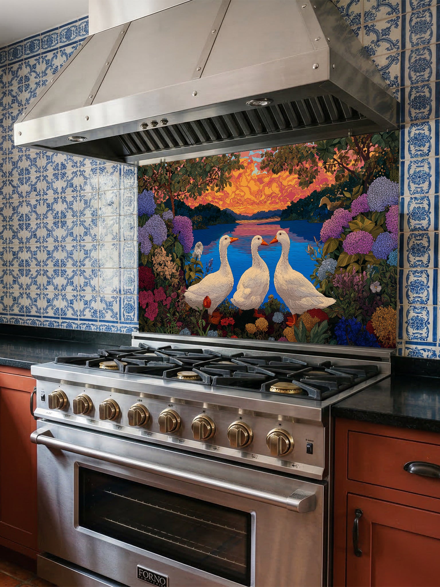 Vintage style illustration of three white ducks by a calm lake at sunset, framed by lush hydrangeas and wildflowers, UV printed on a smooth tempered glass kitchen backsplash.