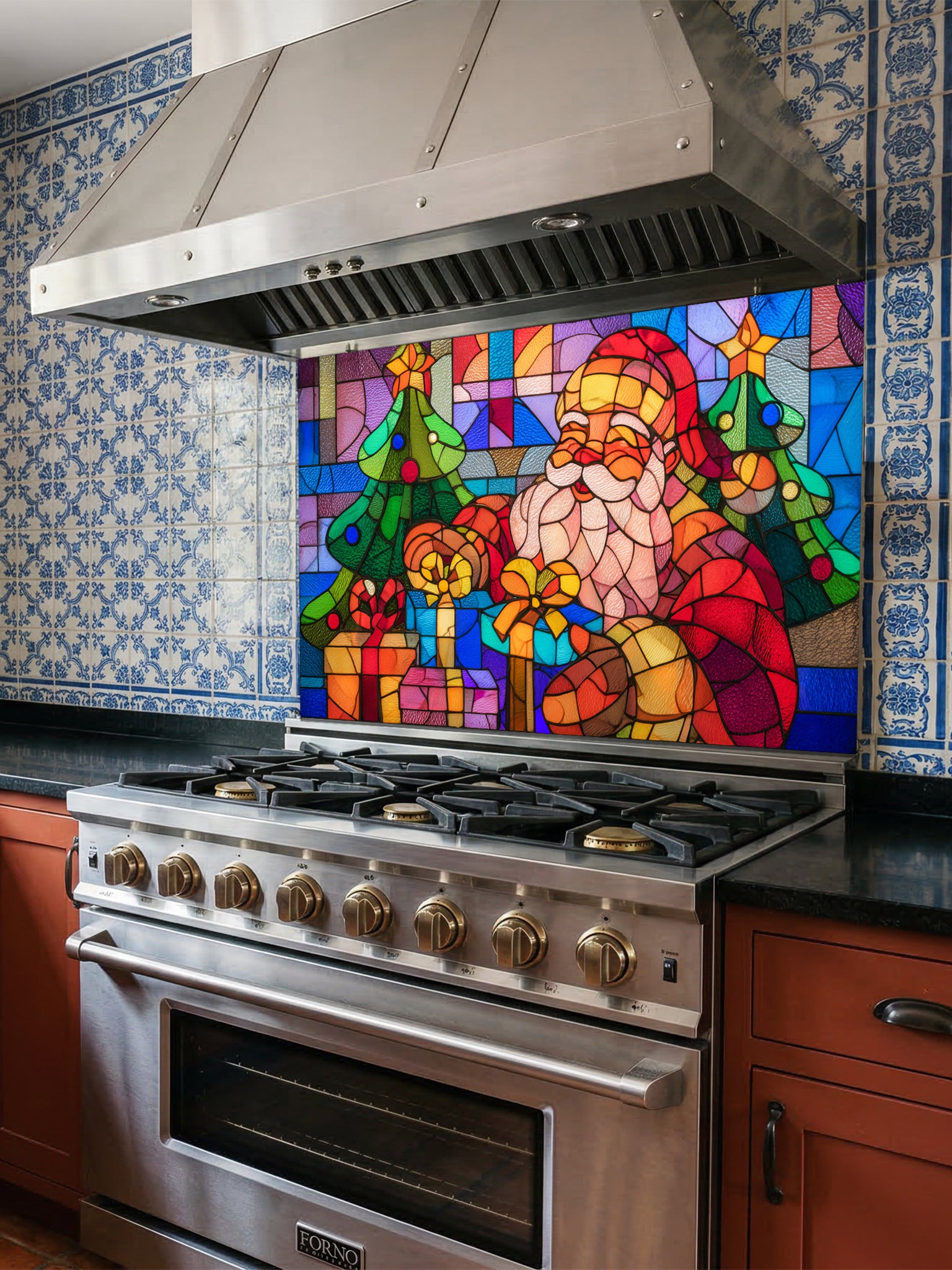 Tempered glass kitchen backsplash featuring a highly realistic 3D illusion of colorful stained glass art showing a cheerful Santa Claus surrounded by green Christmas trees and wrapped gifts in vibrant red, blue, green, and gold, installed behind a modern black stove.