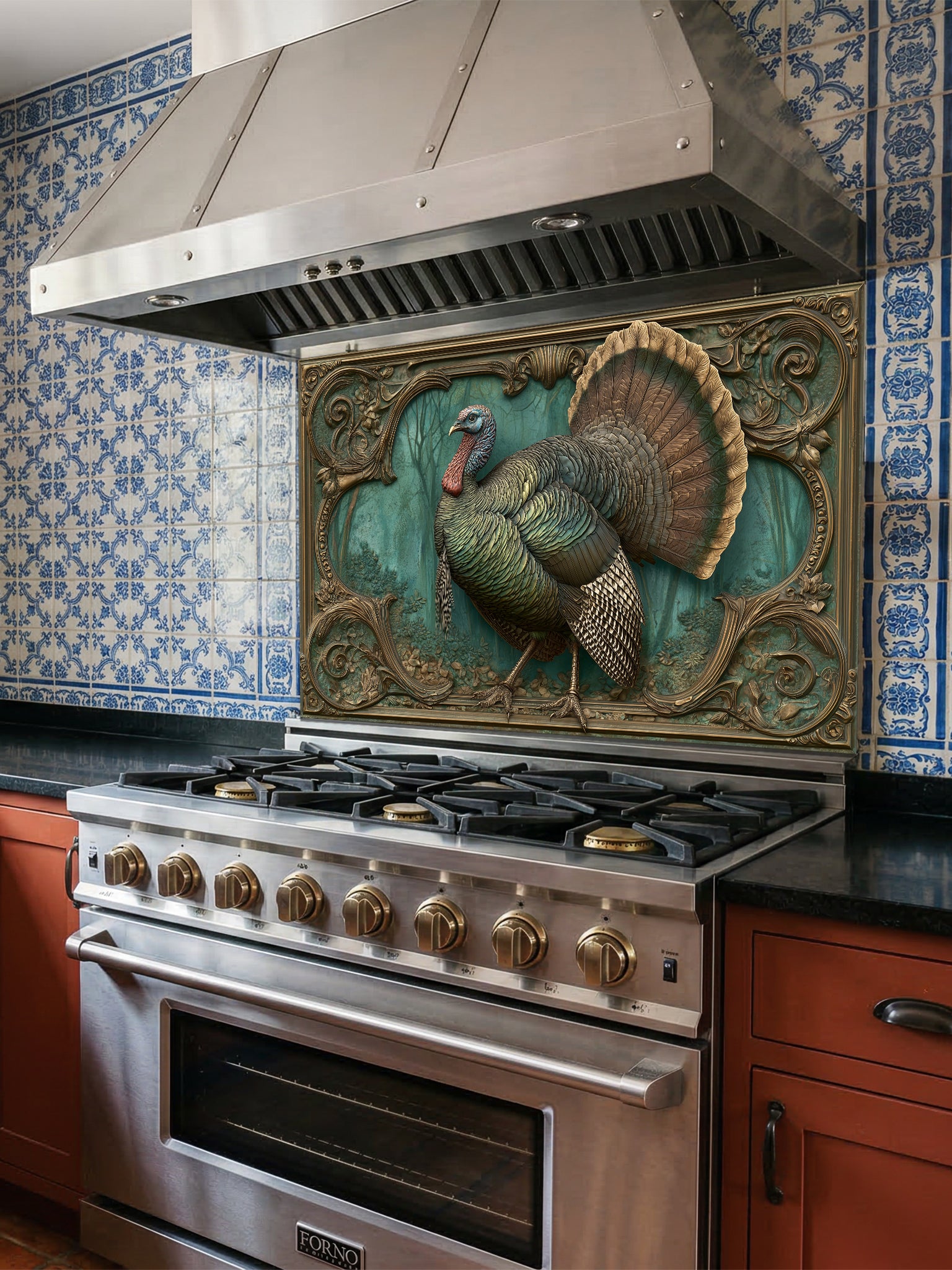 Faux 3D sculpted bronze and brass relief of a majestic turkey framed by baroque scrollwork, UV printed on a smooth tempered glass kitchen backsplash.