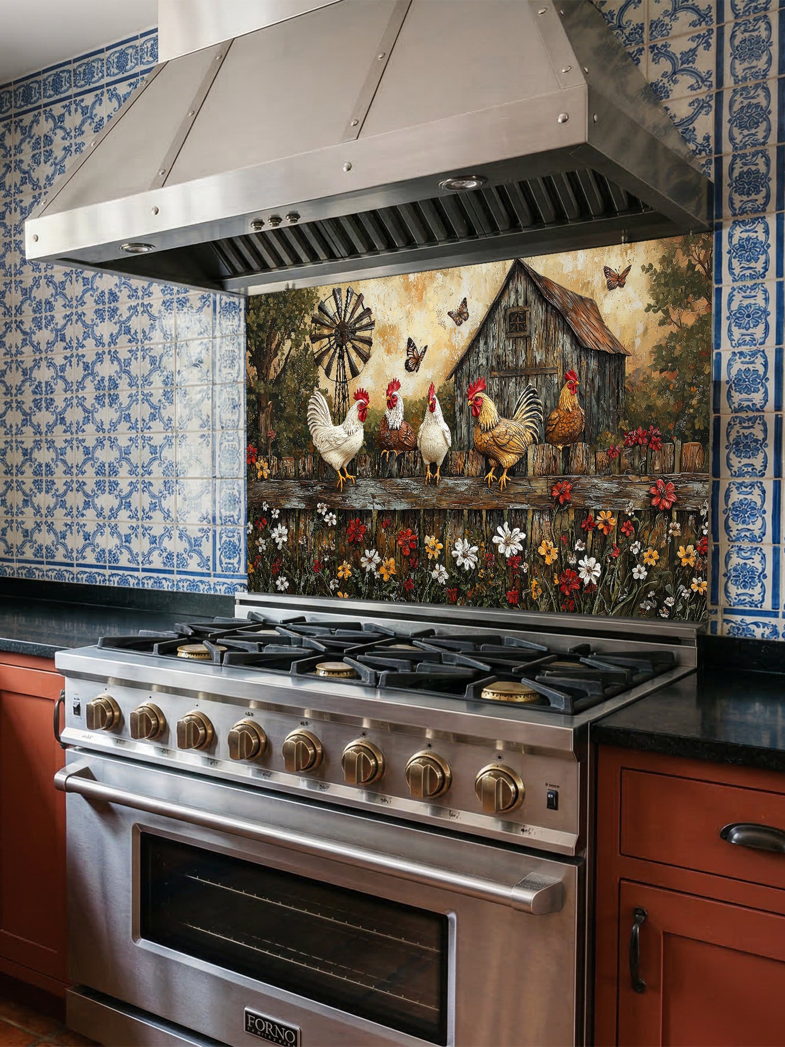 Tempered glass kitchen backsplash featuring a rustic painting of roosters and chickens perched on a wooden fence above colorful wildflowers, with a vintage barn and windmill in the background, installed behind a modern stainless steel stove.