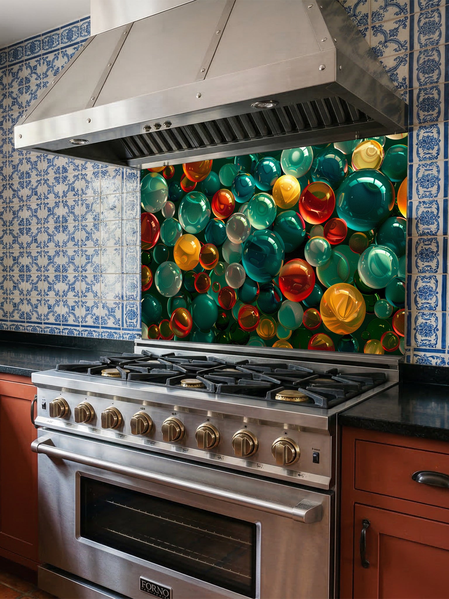 Faux 3D effect colorful translucent glass orbs and bubbles in jewel tones, UV printed on a smooth tempered glass kitchen backsplash, installed behind a modern stove.