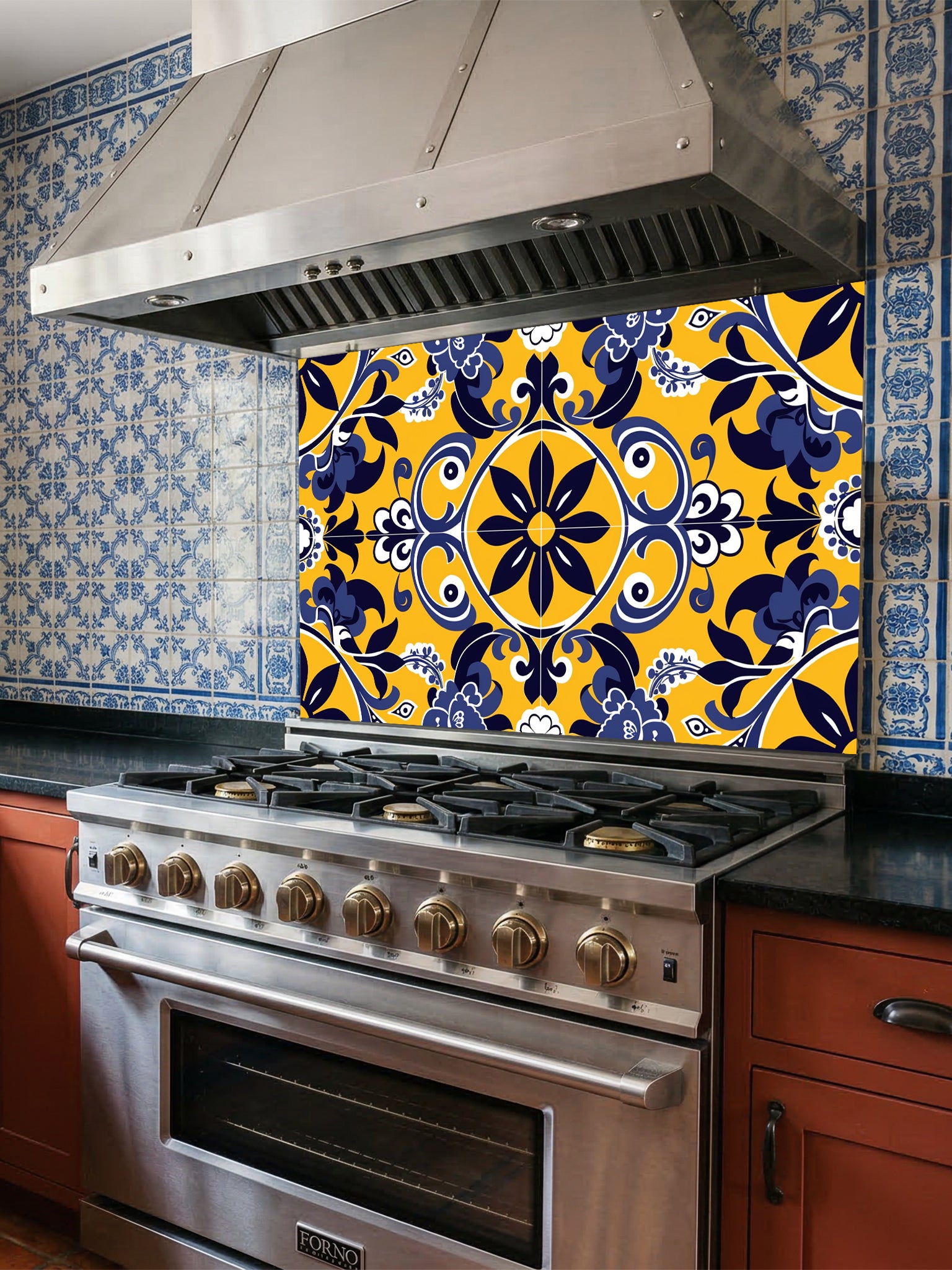Vibrant traditional Talavera style faux tile pattern in bright yellow, deep navy blue, and white, UV printed on a smooth tempered glass kitchen backsplash.