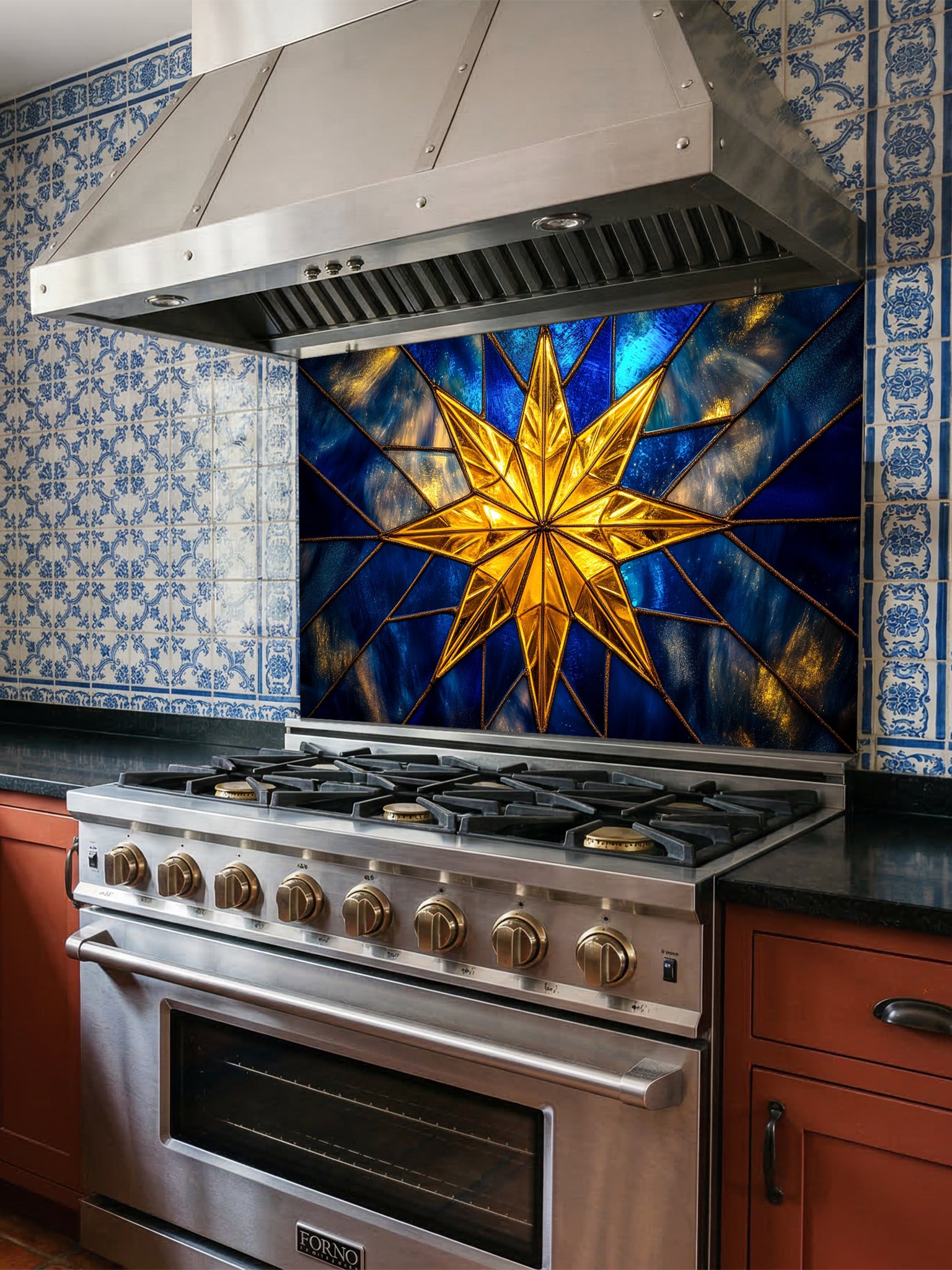Tempered glass kitchen backsplash featuring a highly realistic 3D illusion of stained glass art showing a brilliant, glowing golden starburst or compass rose radiating against a deep sapphire blue background with faux gold lead lines, installed behind a modern stainless steel stove.