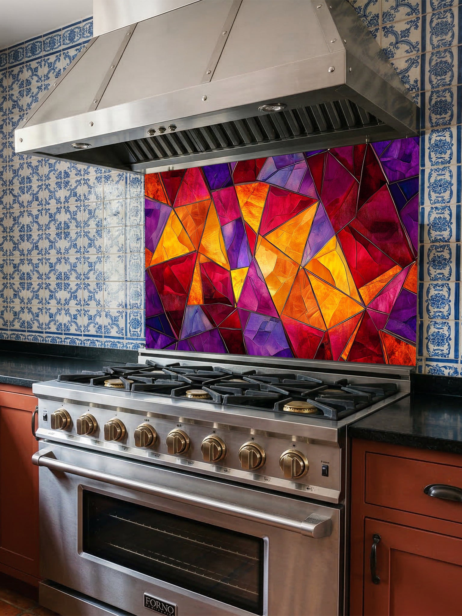 Tempered glass kitchen backsplash featuring a highly realistic illusion of abstract geometric stained glass with asymmetrical shards in vibrant, warm jewel tones of ruby red, magenta, amethyst, and amber, installed behind a modern black stove.