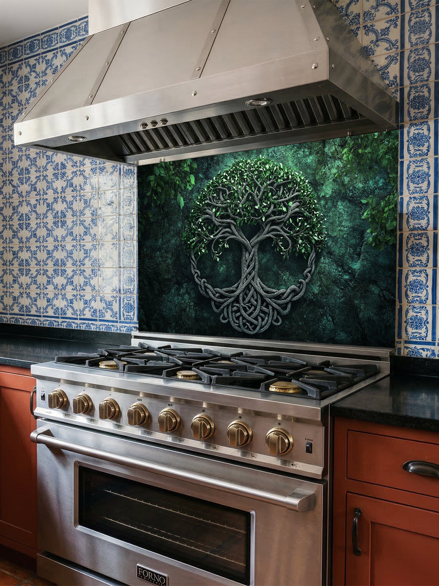 Tempered glass kitchen backsplash featuring a highly realistic 3D illusion of an ancient carved Celtic Tree of Life (Yggdrasil) with intricate knotwork roots and lush green leaves against a dark, moody forest green background, installed behind a modern black stove.
