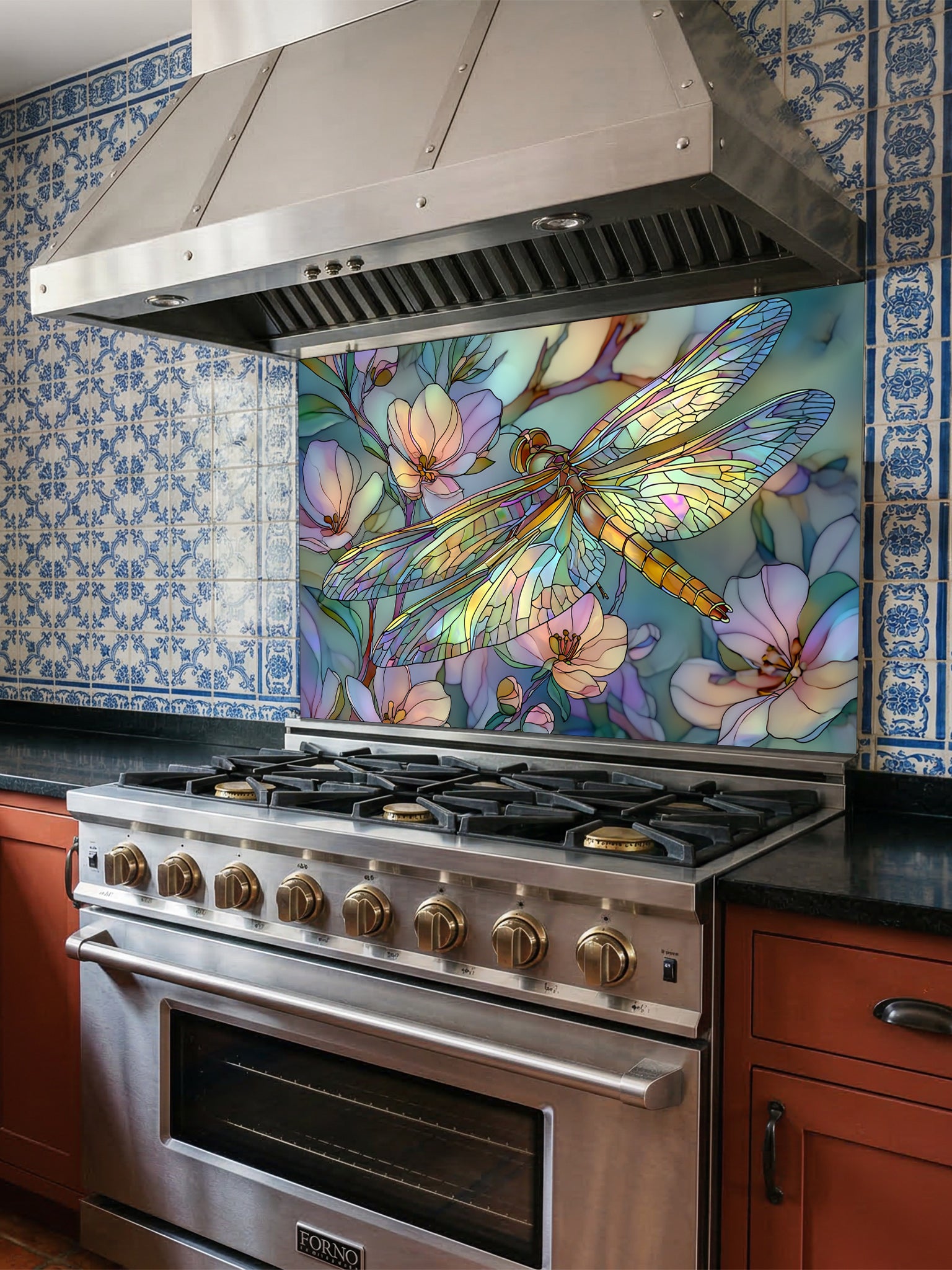 Tempered glass kitchen backsplash featuring a highly realistic 3D illusion of Art Nouveau stained glass showing an elegant dragonfly with iridescent translucent wings resting among soft pastel pink and mint green blooming flowers, installed behind a modern stainless steel stove.