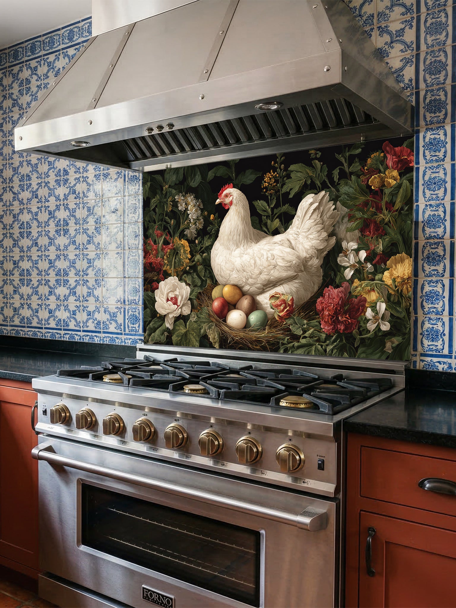 Stainless steel range with decorative glass backsplash featuring a rooster and flowers.