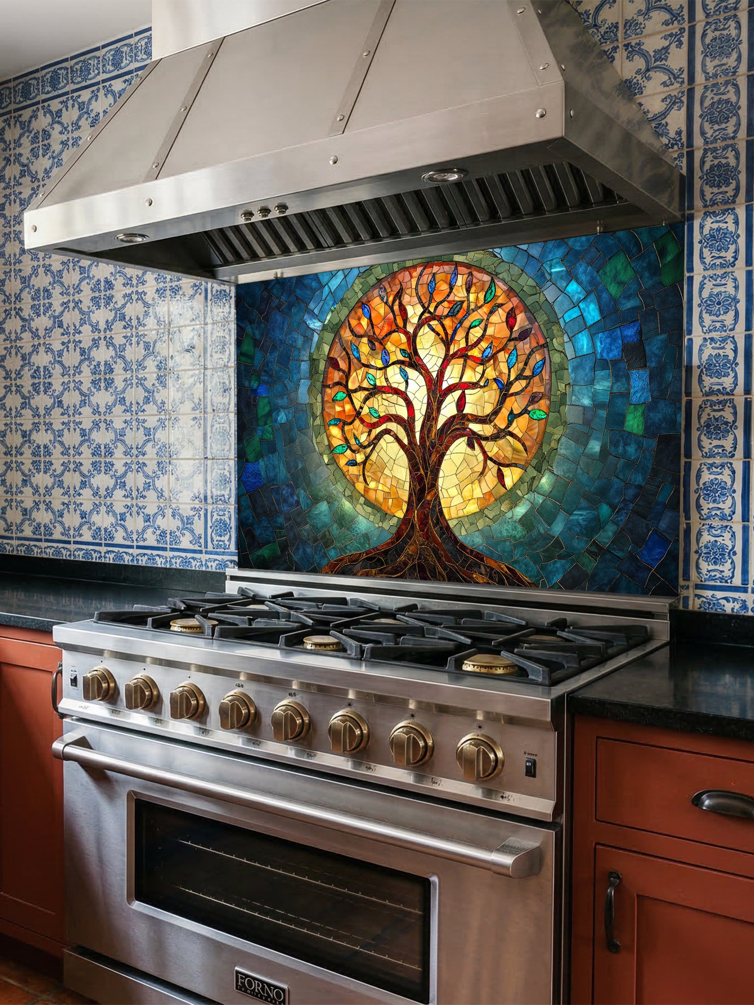 Stained glass mosaic style Tree of Life with vibrant blue, teal, and glowing amber colors, UV printed on a smooth tempered glass kitchen backsplash, installed behind a modern stove.