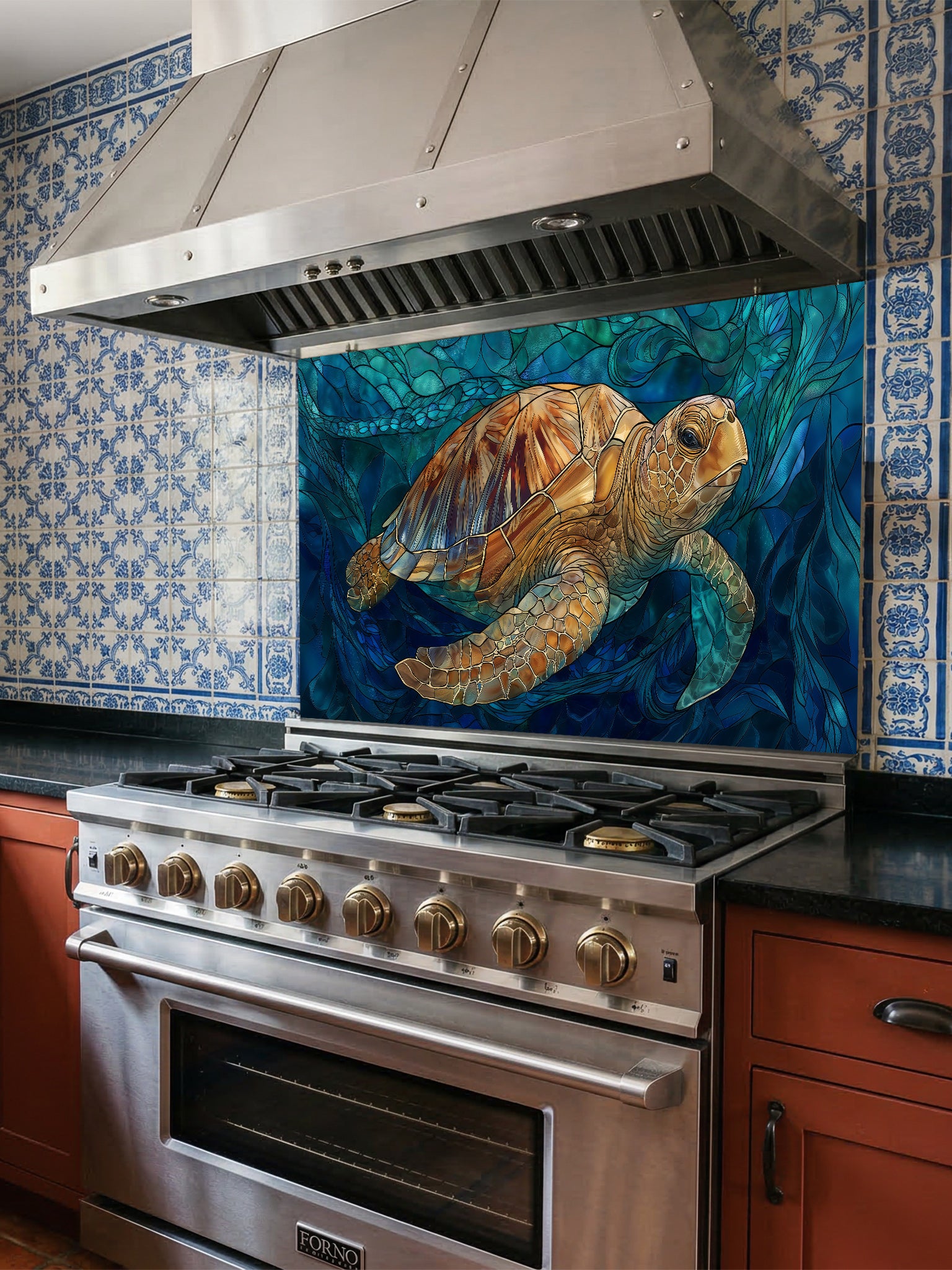 Tempered glass kitchen backsplash featuring a highly realistic 3D illusion of stained glass art showing a majestic sea turtle swimming through deep blue ocean flora and waves, installed behind a modern stainless steel stove.