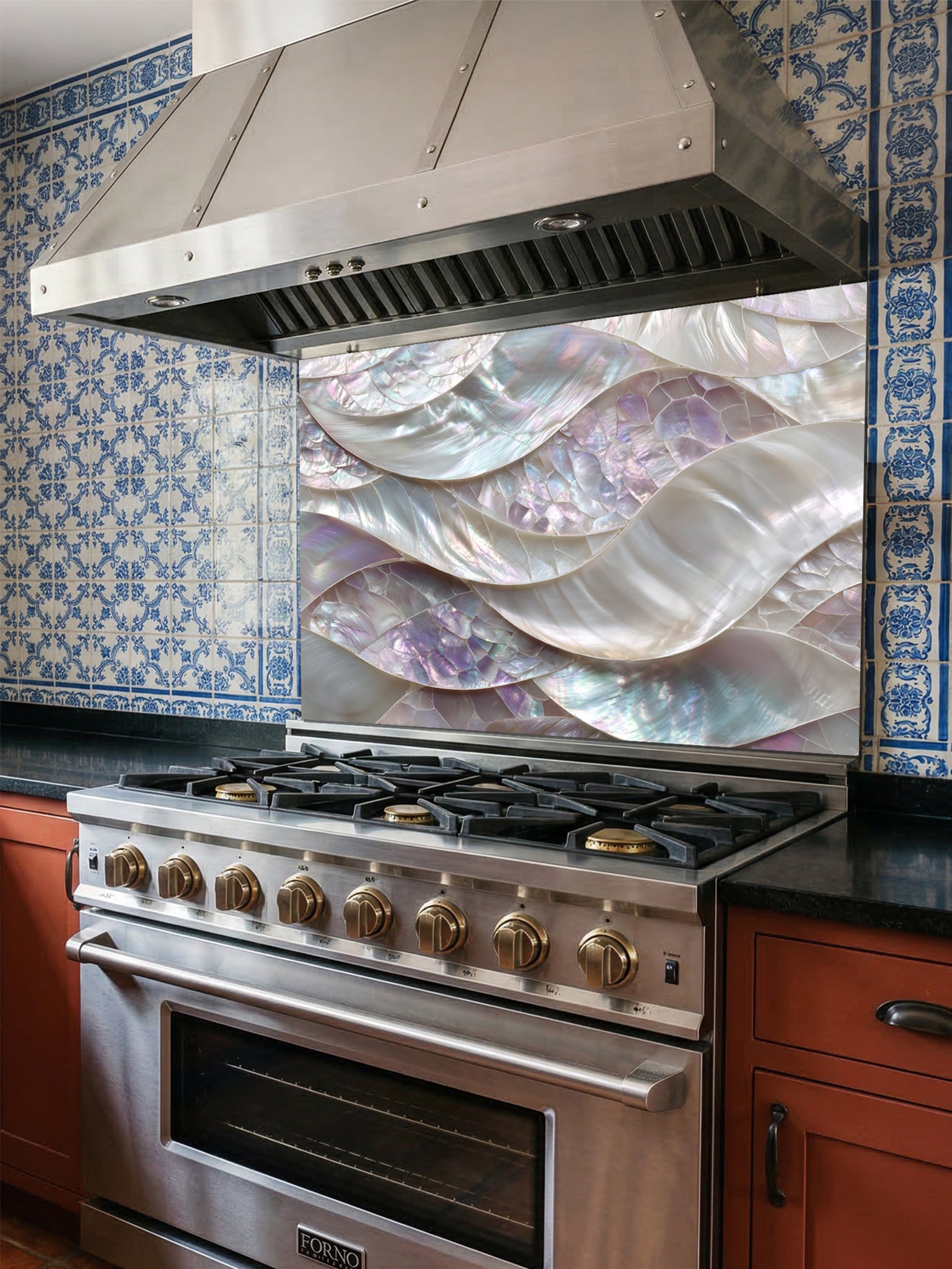 Tempered glass kitchen backsplash featuring a highly realistic 3D faux mosaic design of continuous flowing waves of mother of pearl shells with iridescent pastel colors, installed behind a modern stainless steel stove.