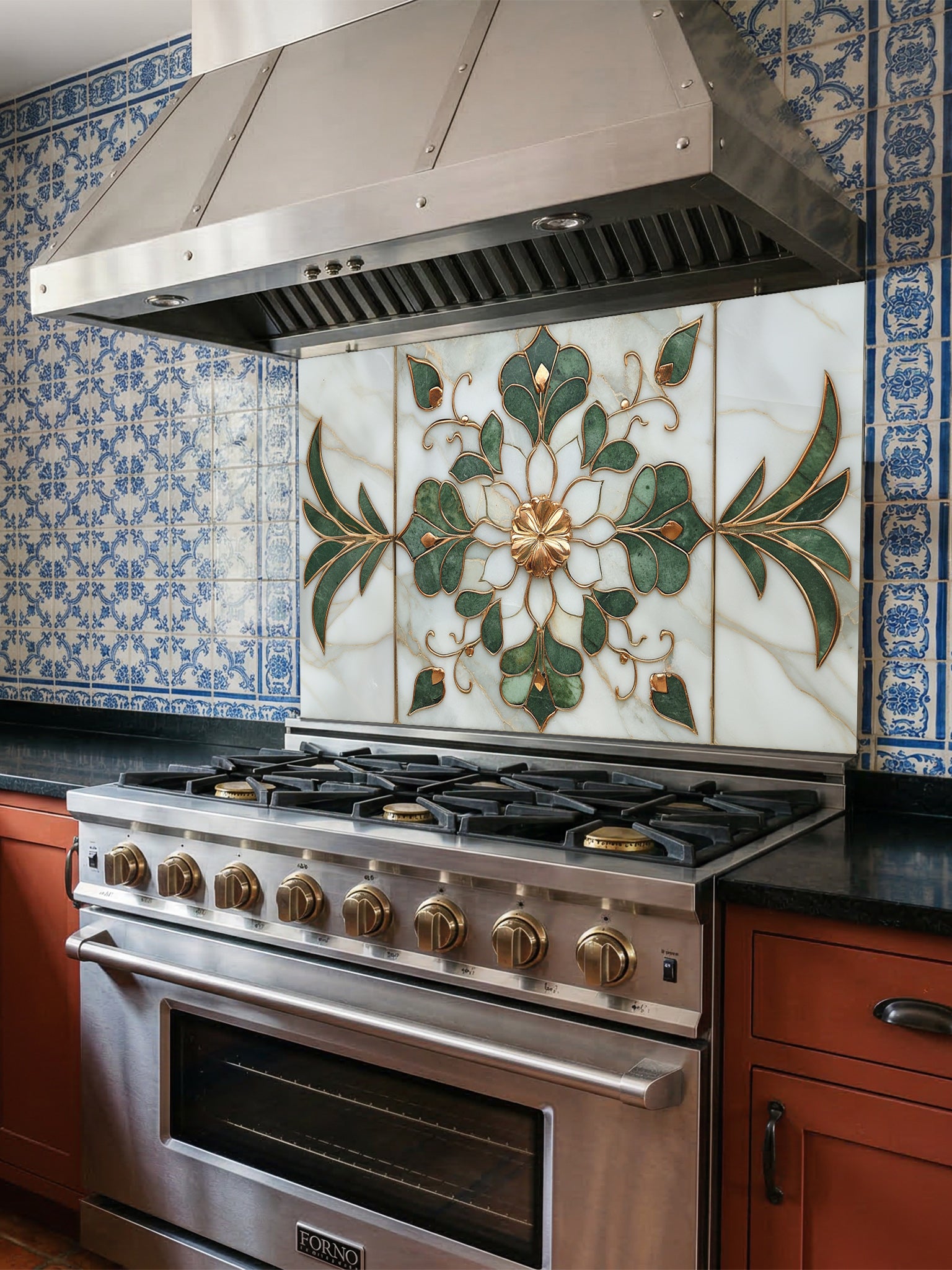 A luxurious kitchen featuring a tempered glass backsplash with a white marble background, symmetrical green floral leaves, and 3D-effect gold accents, installed behind a modern stainless steel stove.