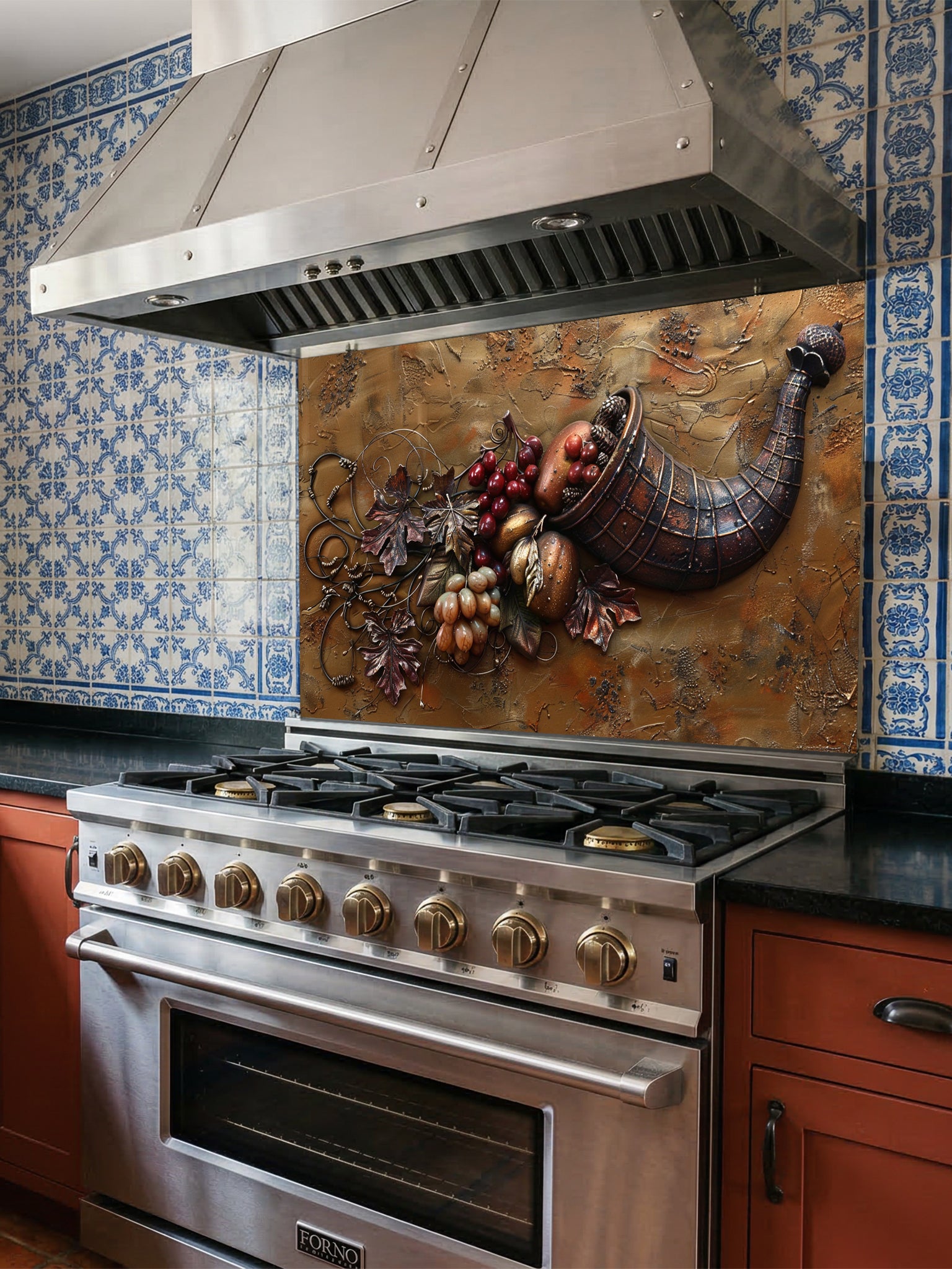 Faux 3D effect carved bronze cornucopia overflowing with grapes and autumn leaves on a textured metal background, UV printed on a smooth tempered glass kitchen backsplash.