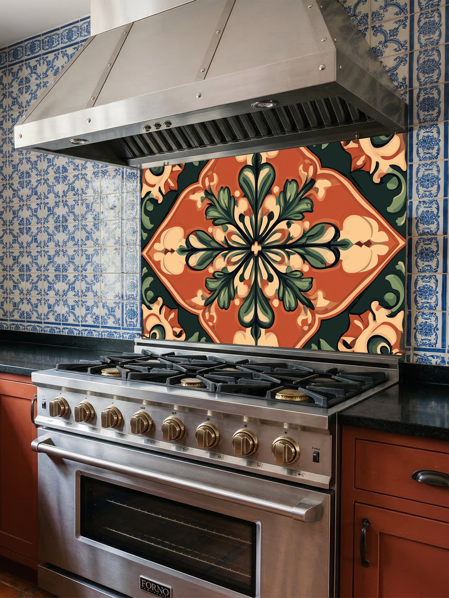 Large vintage style Spanish floral medallion tile mural in terracotta, olive green, and cream, UV printed on a smooth tempered glass kitchen backsplash.