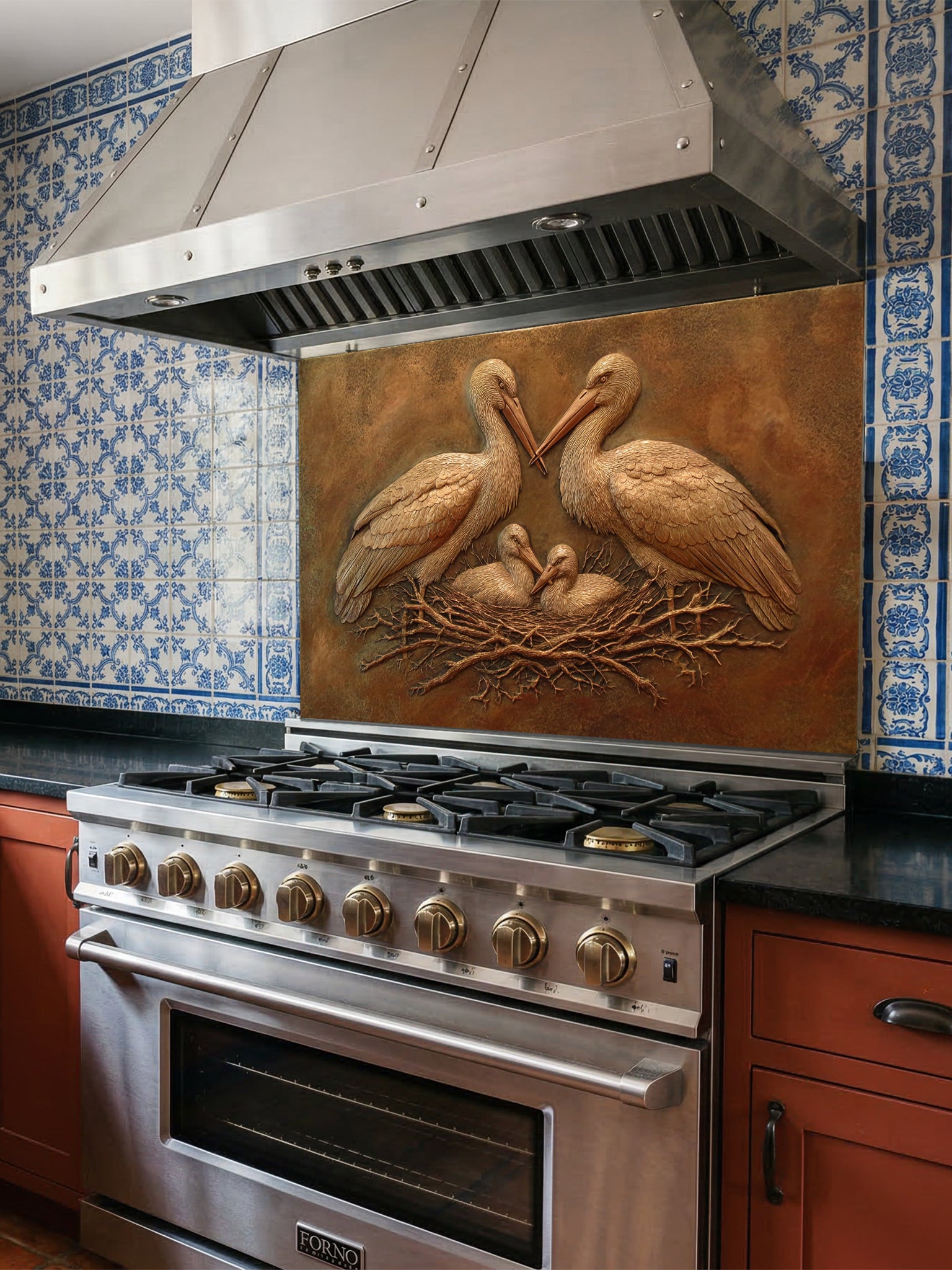 Faux 3D sculpted bronze relief of a stork family in a nest set against a rustic metallic background, UV printed on a smooth tempered glass kitchen backsplash.