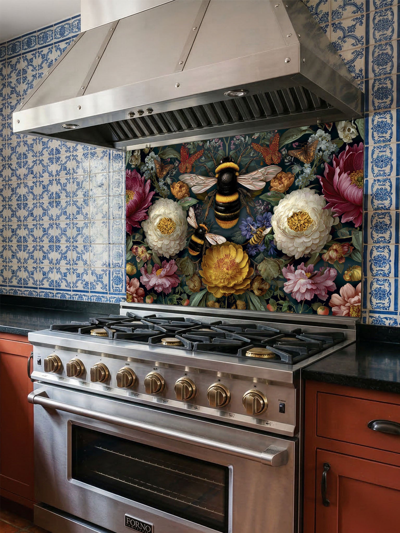 Tempered glass kitchen backsplash featuring a dark moody floral and large bumblebee vintage design installed behind a modern stainless steel stove.
