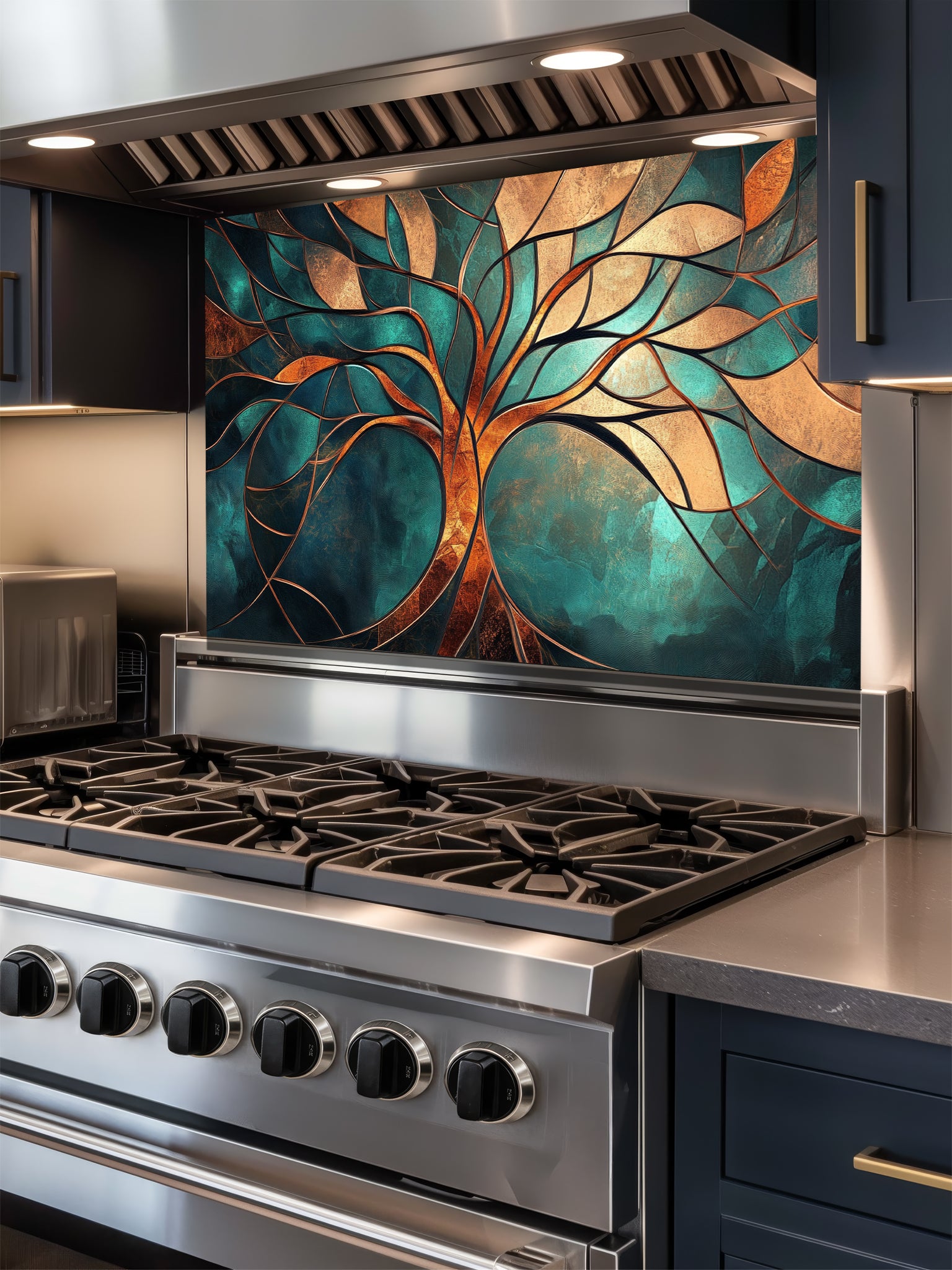 Tempered glass kitchen backsplash featuring a highly realistic 3D illusion of a stained glass and metallic Tree of Life with glowing gold, bronze, and copper branches against a rich teal and emerald background, installed behind a modern black stove.