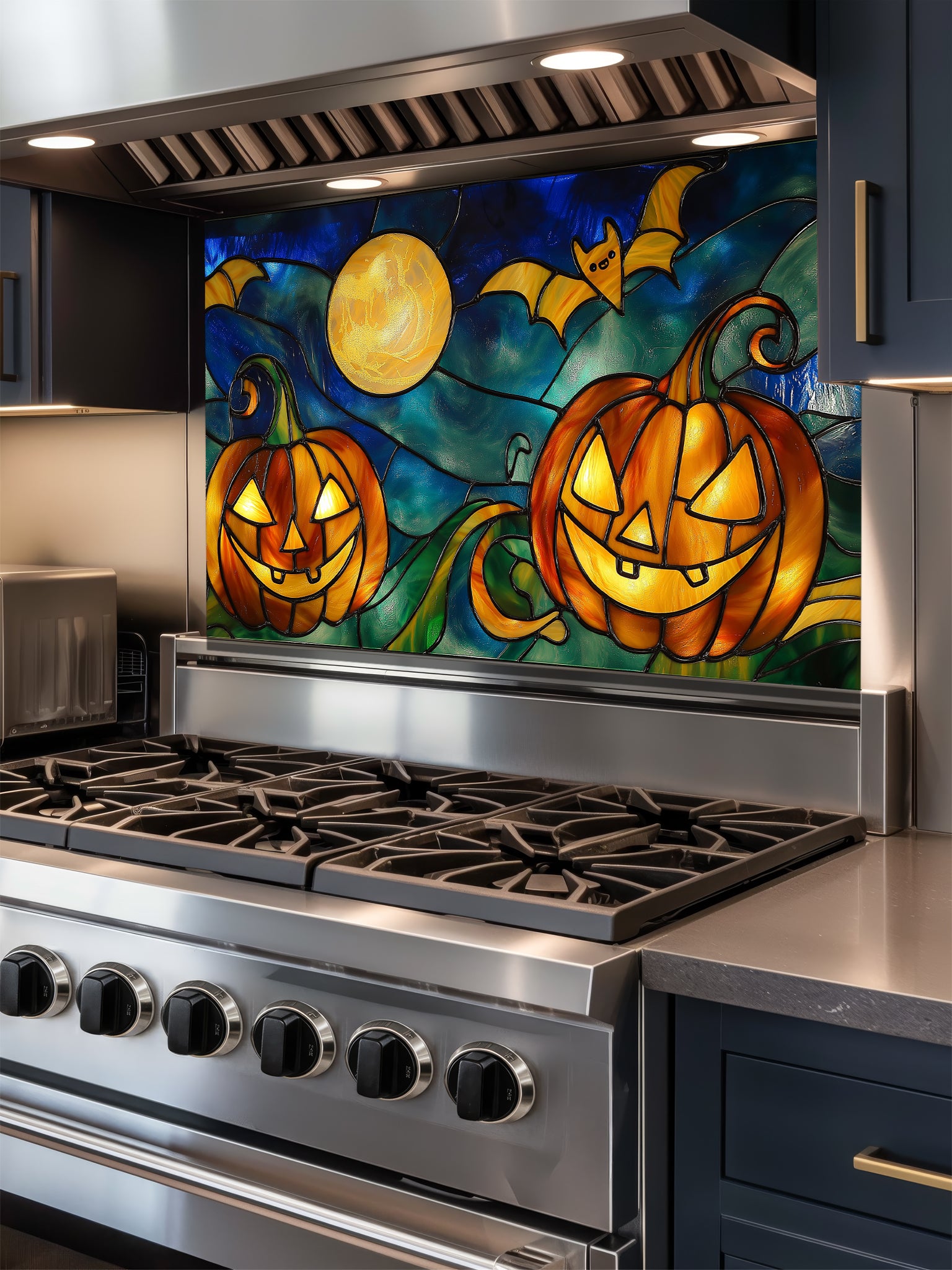 Stainless steel stove with a decorative Halloween-themed glass backsplash featuring pumpkins and bats.