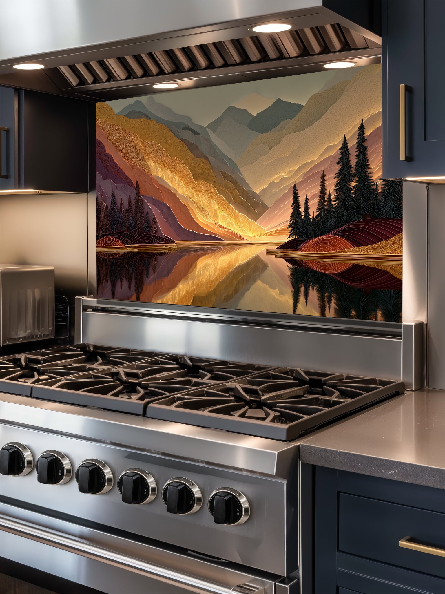 Tempered glass kitchen backsplash featuring a highly realistic 3D illusion of a textured mountain landscape at sunset, showcasing glowing golden peaks, dark pine trees, and a calm lake reflection in rich burgundy and amber tones, installed behind a modern black stove.