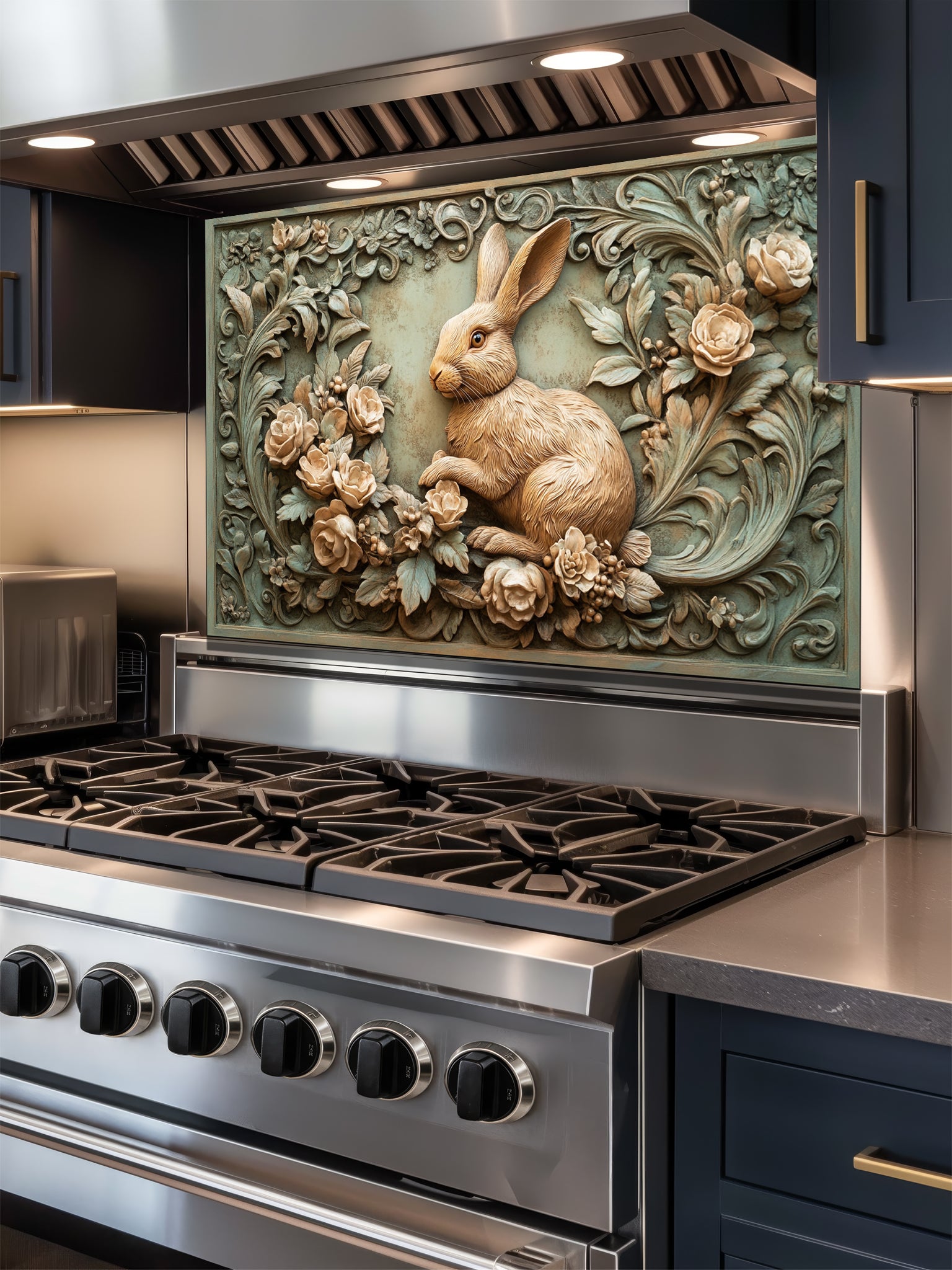 Tempered glass kitchen backsplash featuring a highly realistic 3D illusion of an antique carved bas-relief sculpture showing a gentle woodland rabbit surrounded by blooming roses and ornate foliage in warm earthy tones and a vintage greenish patina, installed behind a modern black stove.
