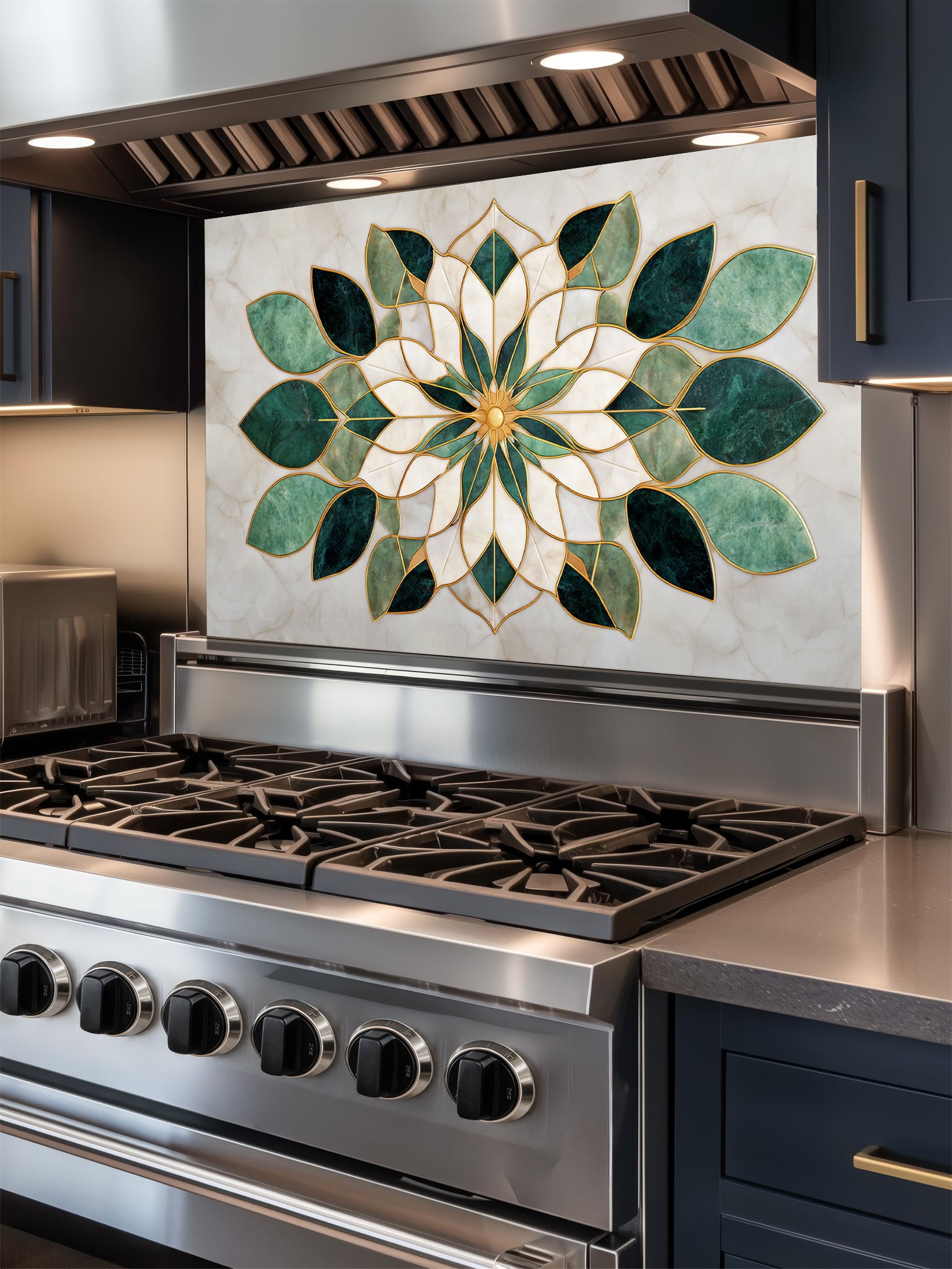 Tempered glass kitchen backsplash featuring a highly realistic 3D illusion of luxurious marble inlay art, showcasing a symmetrical geometric floral mandala or lotus pattern in emerald green and creamy white marble textures with faux gold metallic outlines, installed behind a modern black stove.