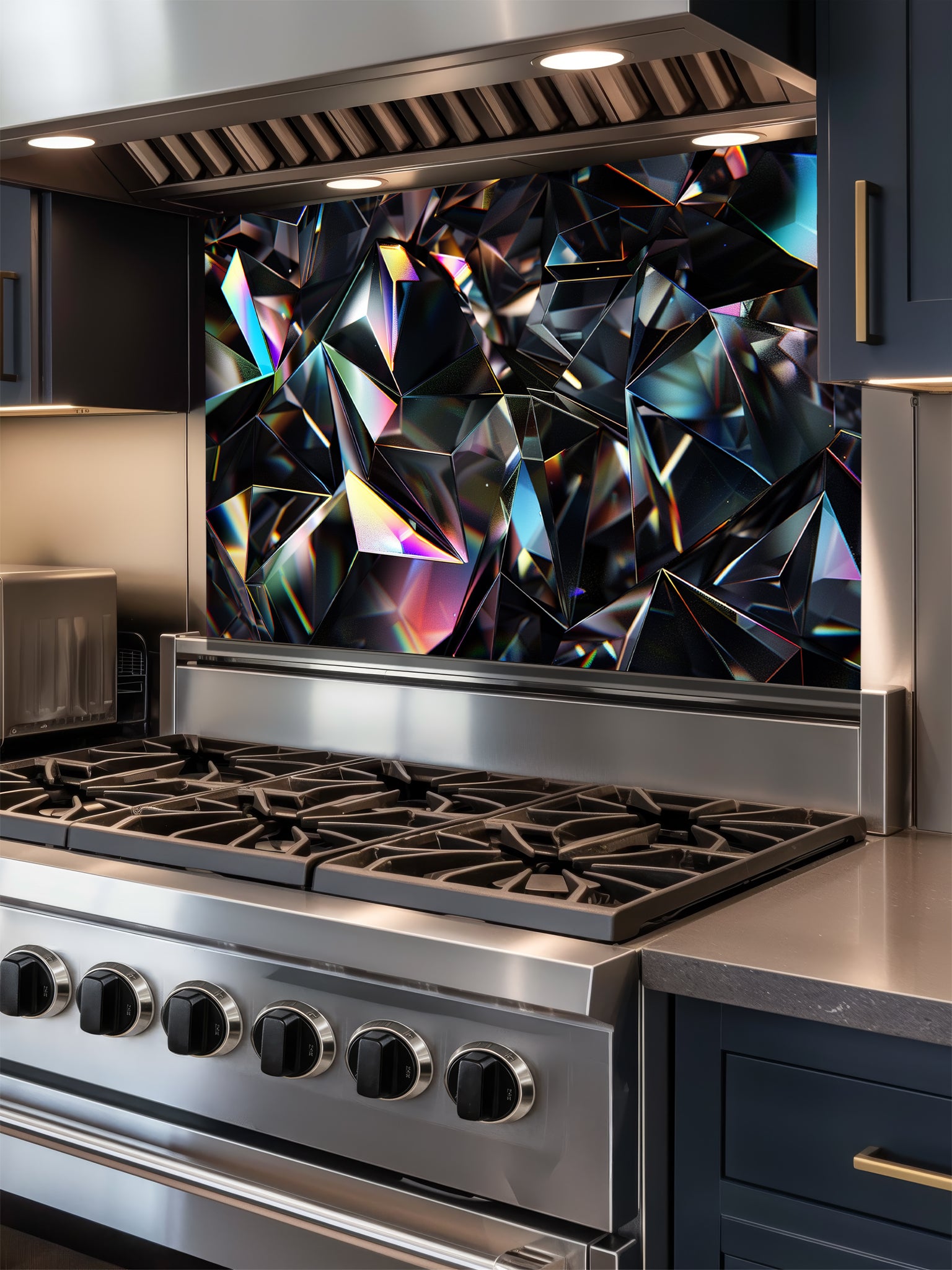 Faux 3D effect dark geometric crystal facets with iridescent rainbow edges, UV printed on a smooth tempered glass kitchen backsplash, installed behind a modern stove.