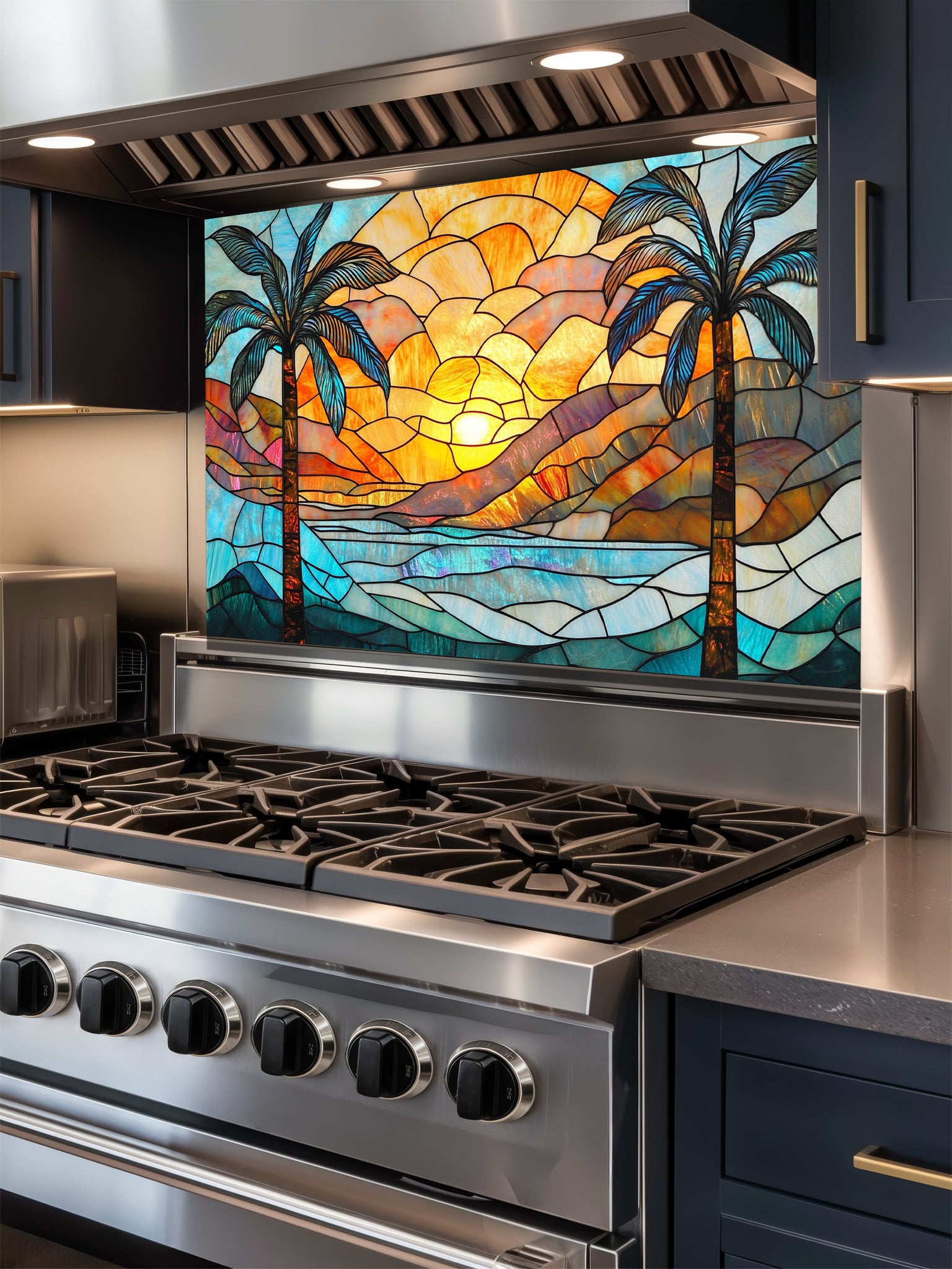 Stained glass style tropical beach sunset with two palm trees, ocean waves, and vibrant orange and blue sky, UV printed on a smooth tempered glass kitchen backsplash, installed behind a modern stove.