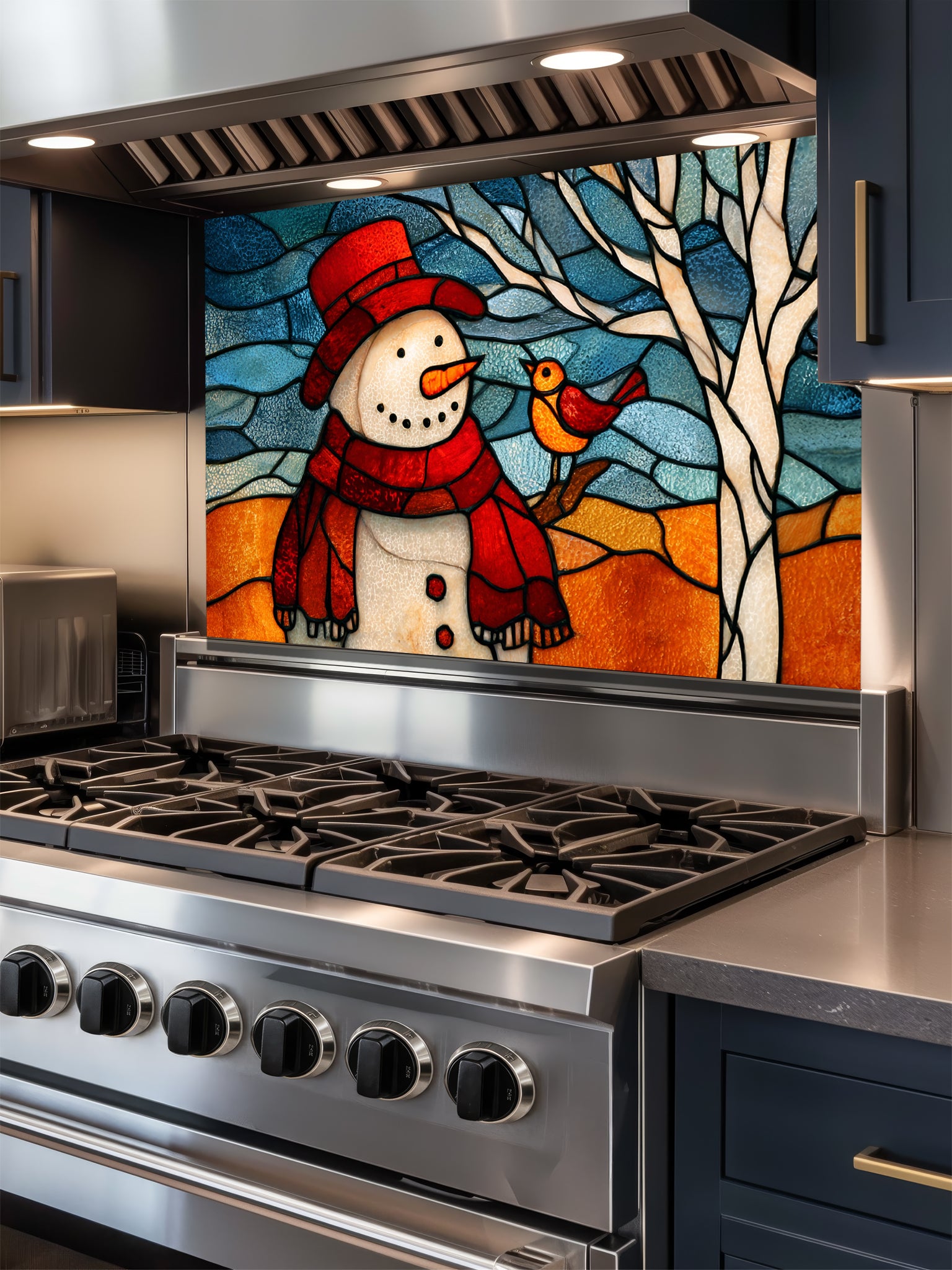 Tempered glass kitchen backsplash featuring a highly realistic 3D illusion of stained glass art showing a cheerful snowman in a red hat and a cute little bird perched on a winter tree against a frosty blue and amber background, installed behind a modern black stove.