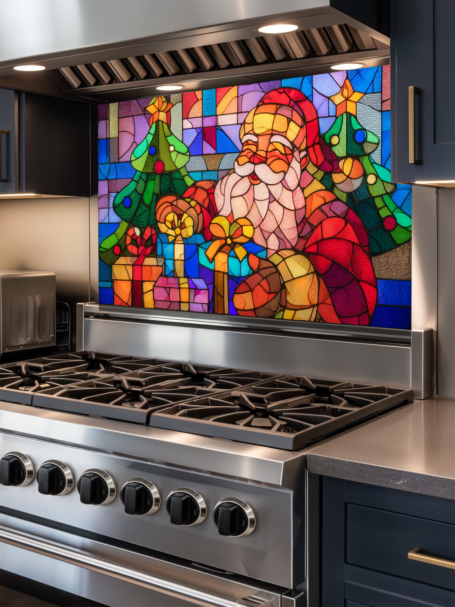 Tempered glass kitchen backsplash featuring a highly realistic 3D illusion of colorful stained glass art showing a cheerful Santa Claus surrounded by green Christmas trees and wrapped gifts in vibrant red, blue, green, and gold, installed behind a modern black stove.