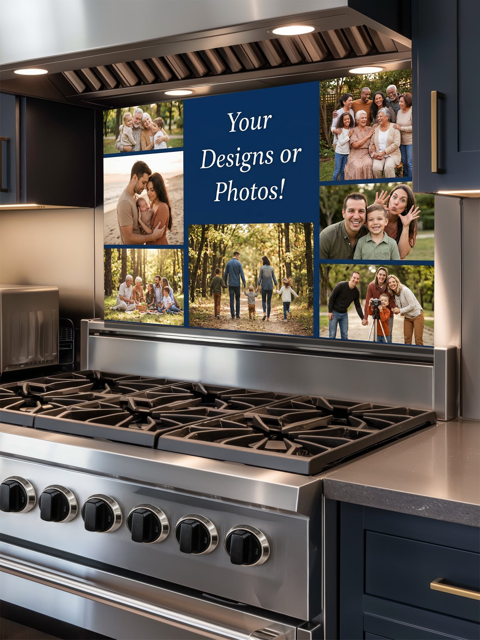 Tempered glass kitchen backsplash showcasing a custom 'Your Photo or Design' mockup featuring a family reading by a fireplace, installed behind a modern stainless steel stove.