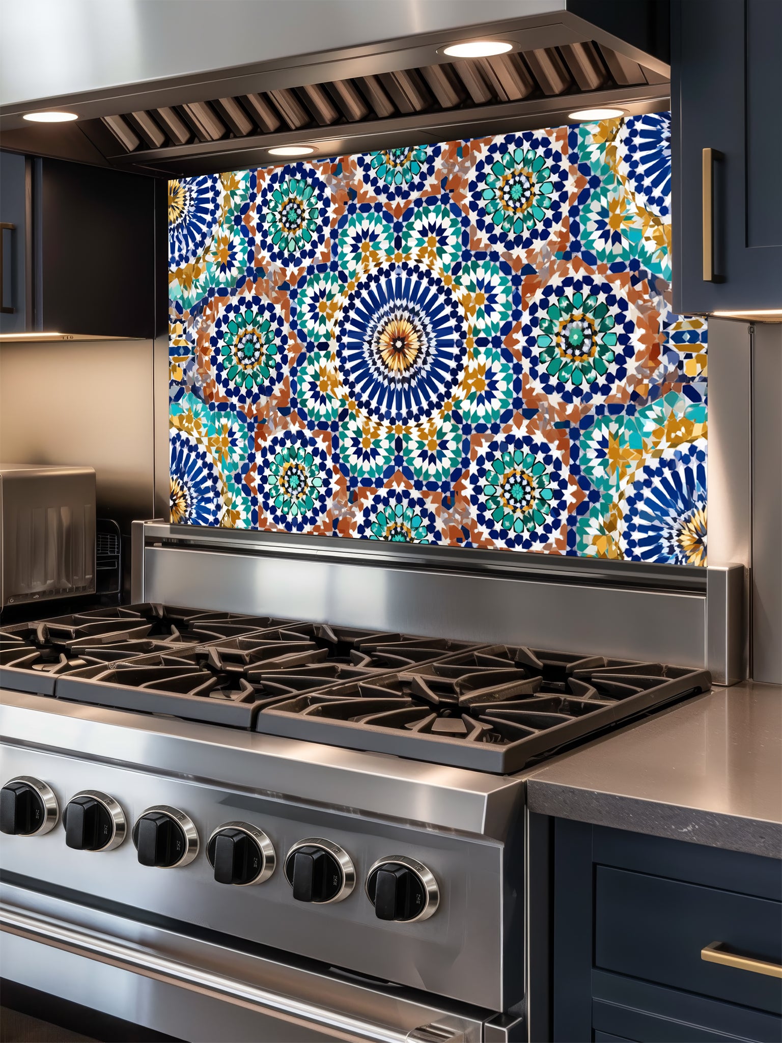 Stainless steel stove with a colorful geometric patterned backsplash in a kitchen setting.