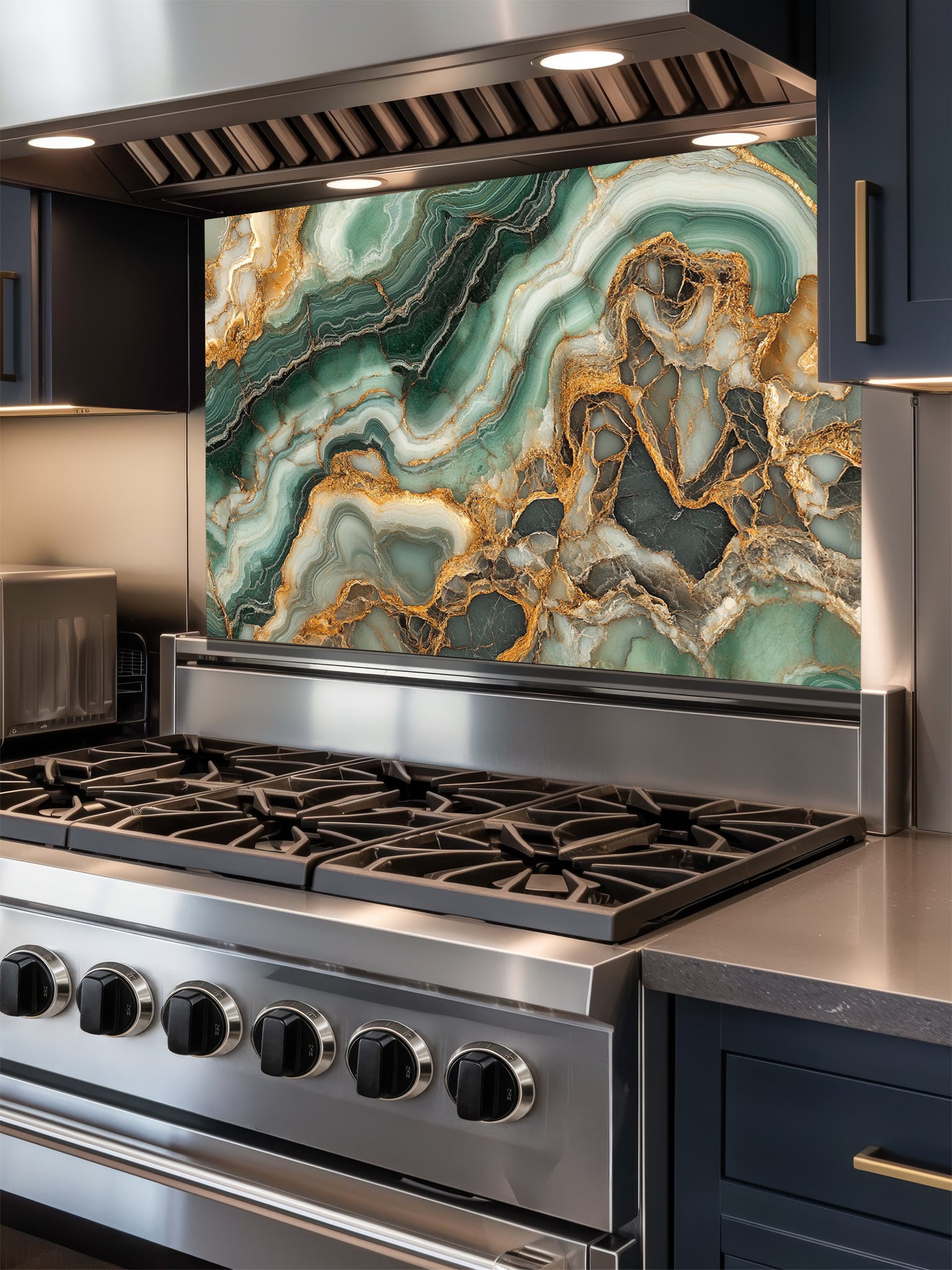 Faux luxury stone slice pattern featuring deep emerald green agate layers and striking gold veins, UV printed on a smooth tempered glass kitchen backsplash.