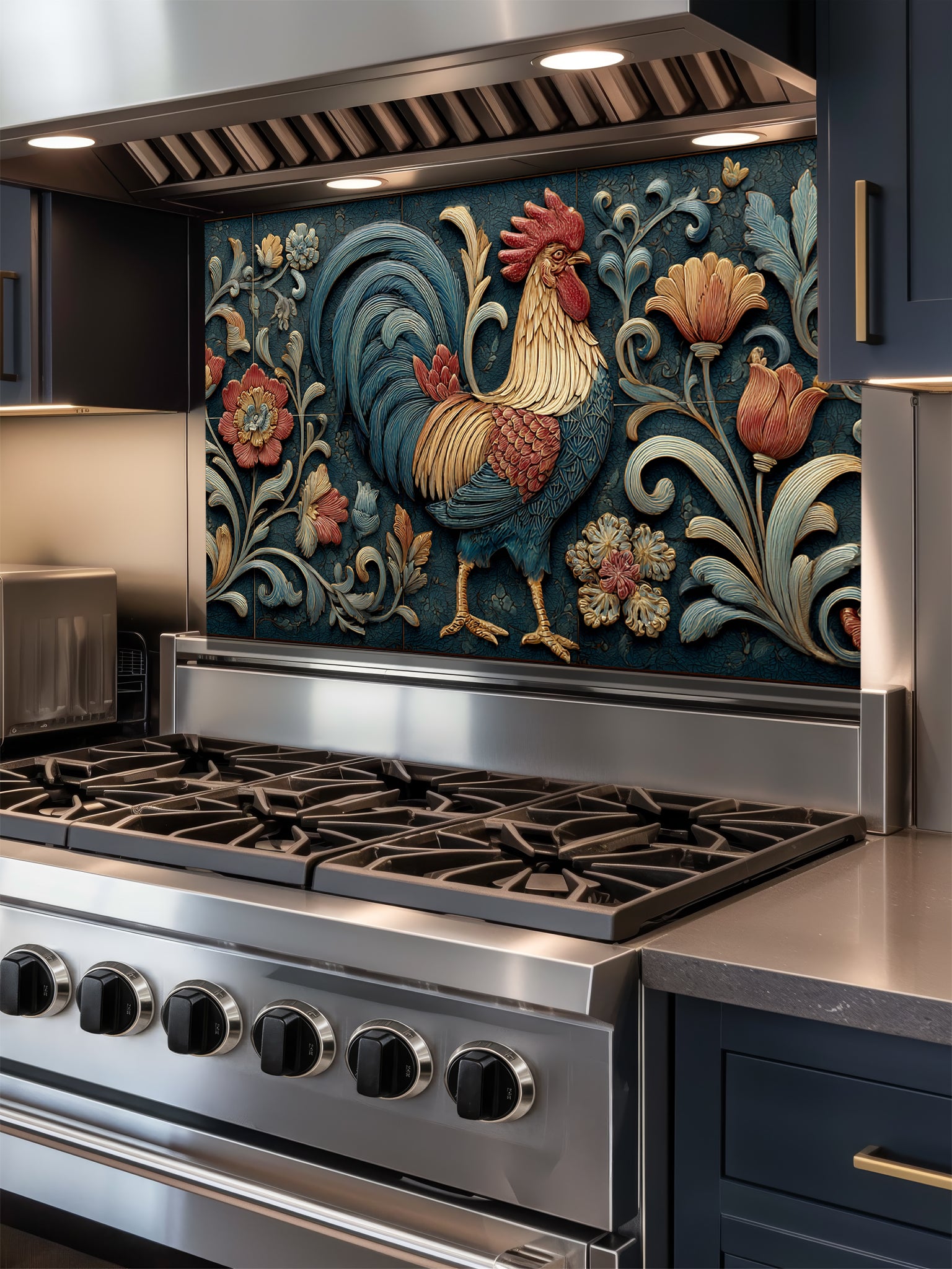 Faux 3D carved relief of a majestic rooster and floral motifs in teal and rust tones, UV printed on a smooth tempered glass kitchen backsplash.