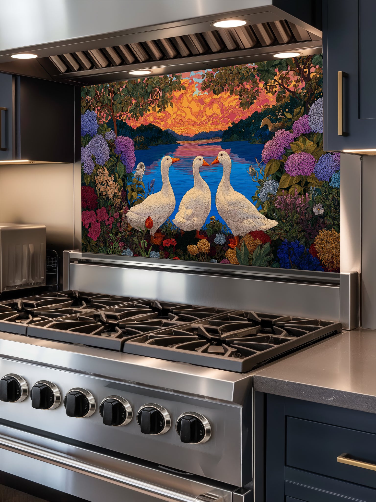 Vintage style illustration of three white ducks by a calm lake at sunset, framed by lush hydrangeas and wildflowers, UV printed on a smooth tempered glass kitchen backsplash.