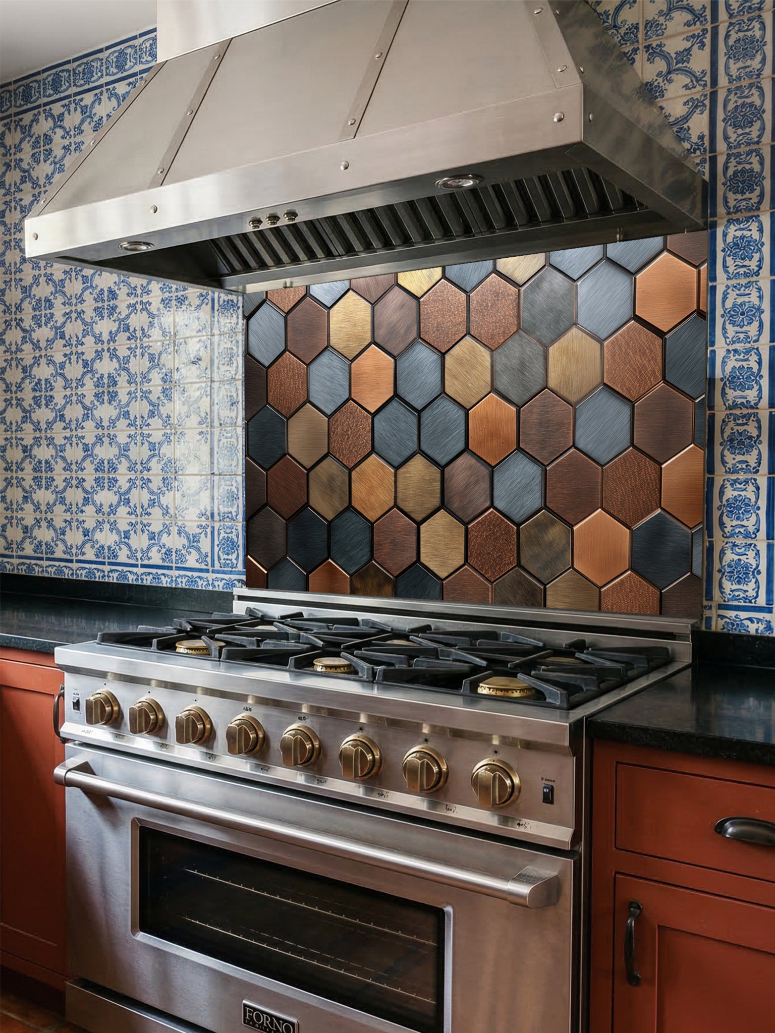 Tempered glass kitchen backsplash featuring a modern metallic hexagon honeycomb pattern in rich copper, bronze, and slate blue tones, installed behind a stainless steel stove.