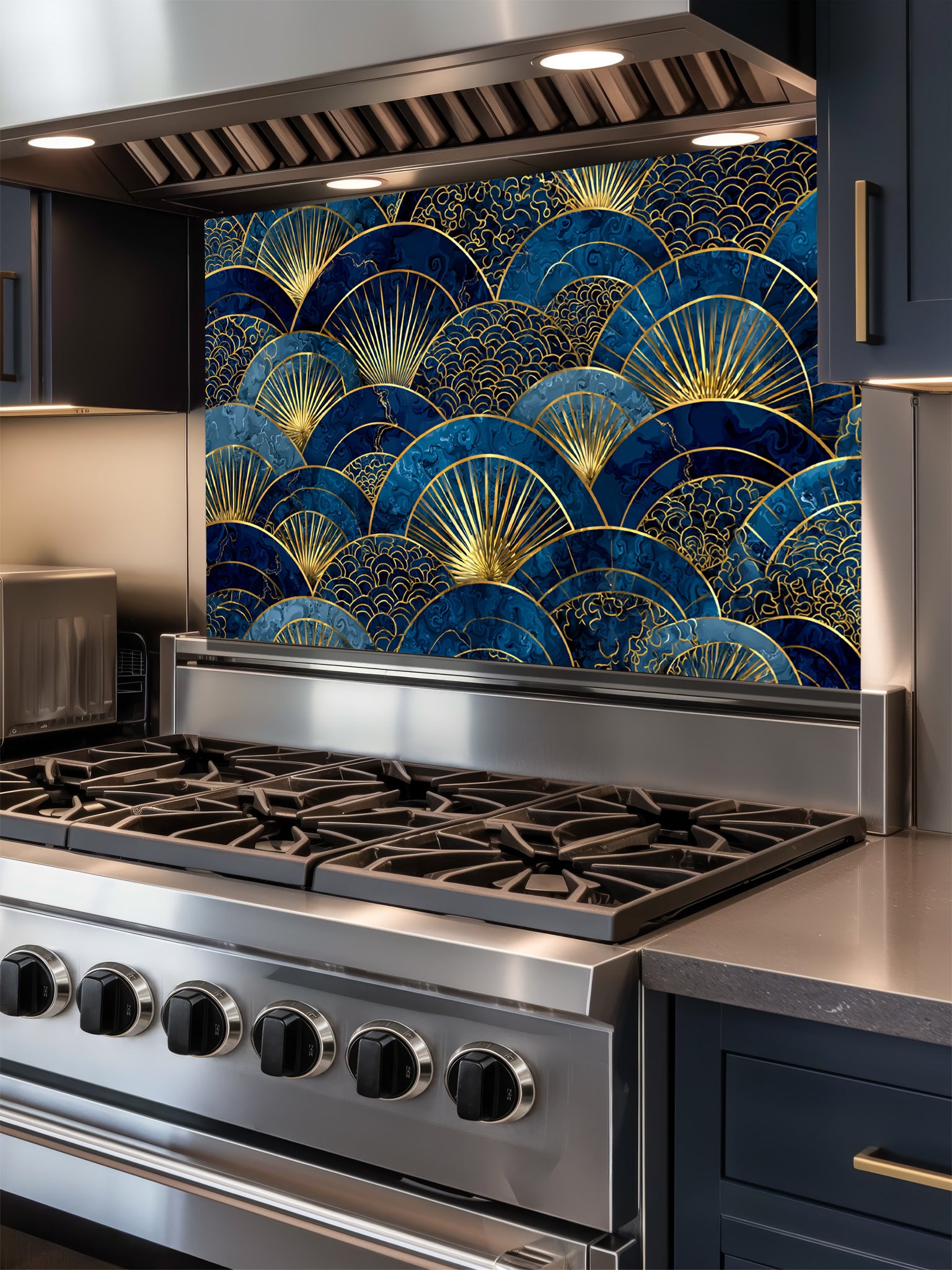 Intricate Japanese Seigaiha wave and Art Deco sunburst fan pattern in deep navy blue and gold, UV printed on a smooth tempered glass kitchen backsplash, installed behind a modern stove.