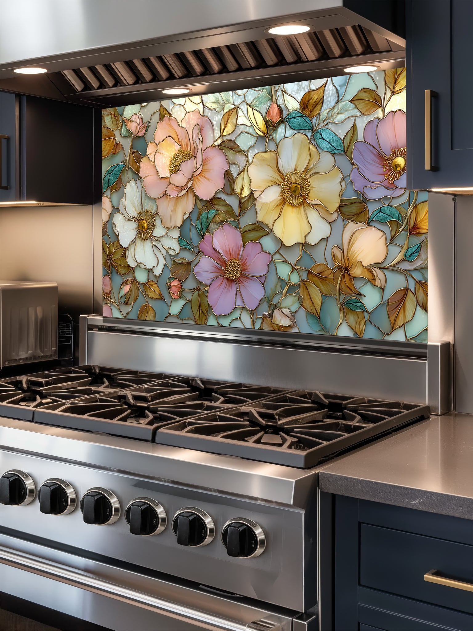 Stained glass style botanical pattern featuring large pastel pink, peach, and yellow peony flowers with gold outlines, UV printed on a smooth tempered glass kitchen backsplash.