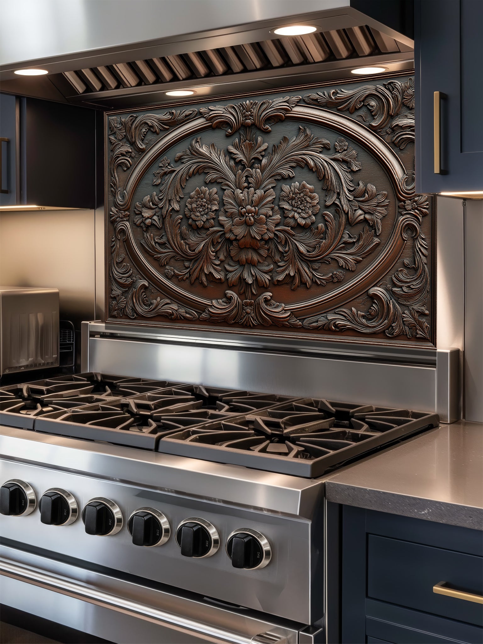 Faux 3D effect dark wood carved floral pattern in an ornate baroque frame, UV printed on a smooth tempered glass kitchen backsplash, installed behind a modern stove.