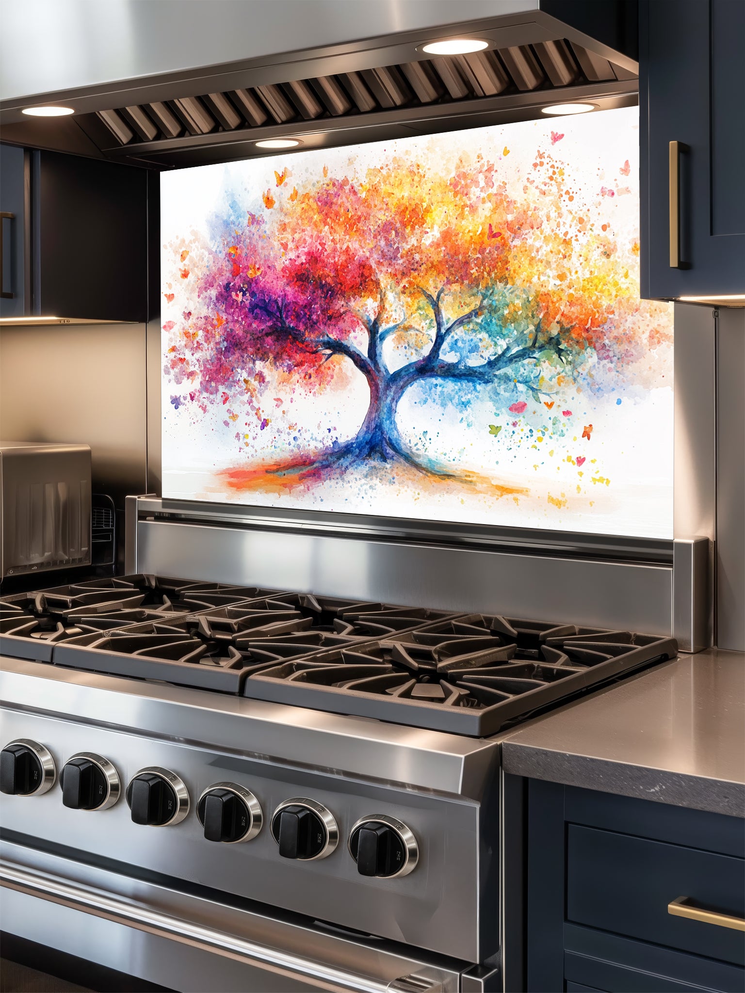 Vibrant watercolor style Tree of Life with colorful paint splatters in rainbow hues, UV printed on a smooth tempered glass kitchen backsplash.